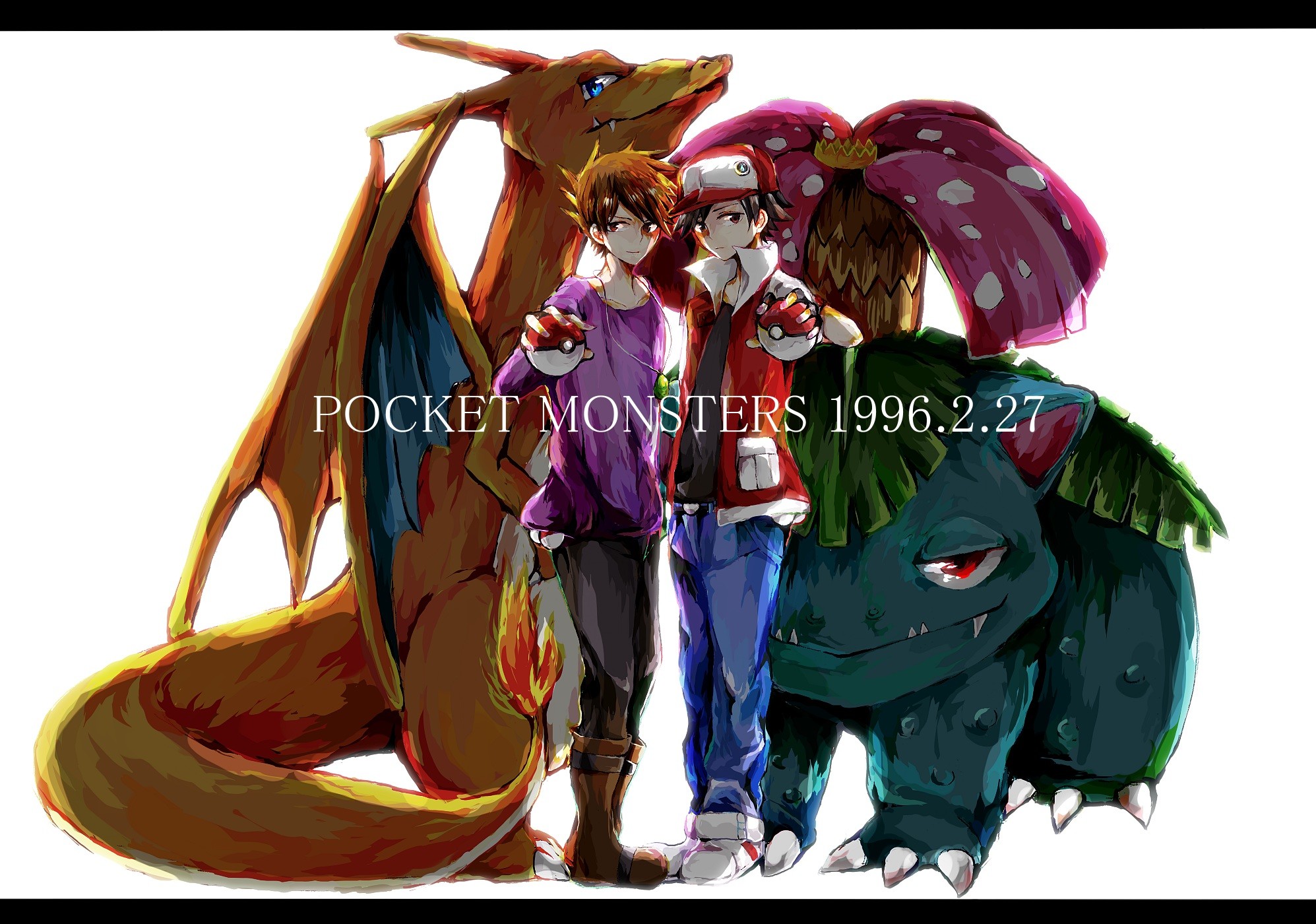 Pokemon black hair brown eyes brown hair charizard hat male necklace ookido green pokemon red pokemon red eyes summer interview venusaur wallpaper