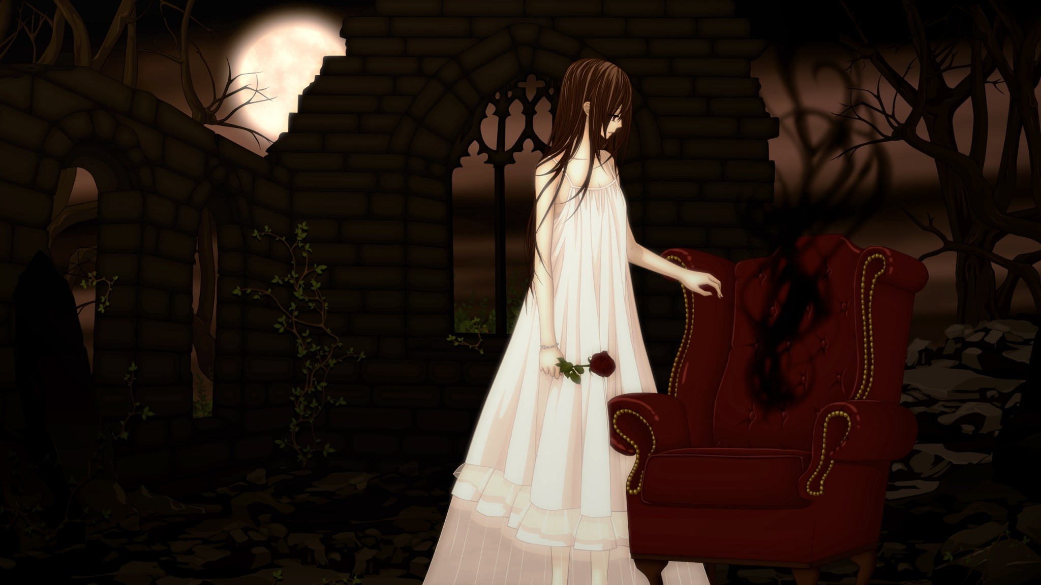 Preview wallpaper vampire knight, yuki cross, chair, girl, dress, flower 2048×1152