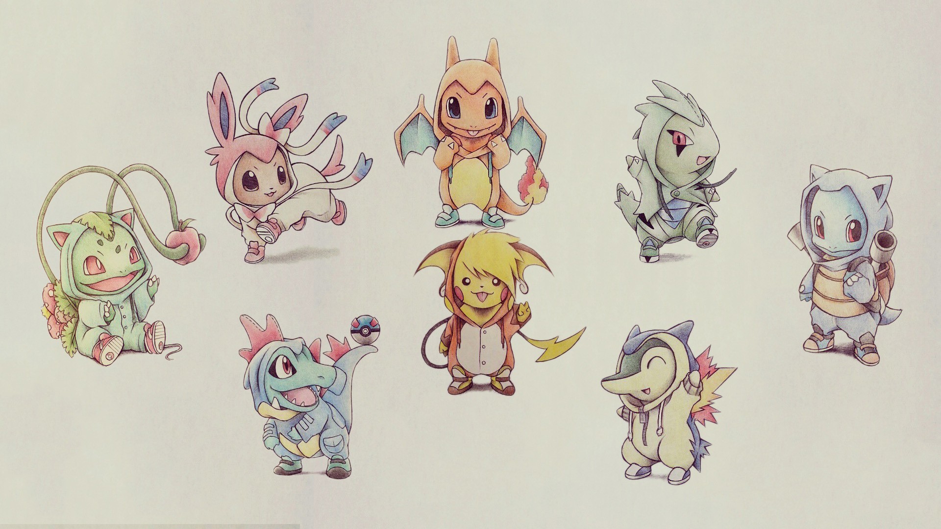 Wallpaper of basic Pokemon wearing costumes of their evolutions
