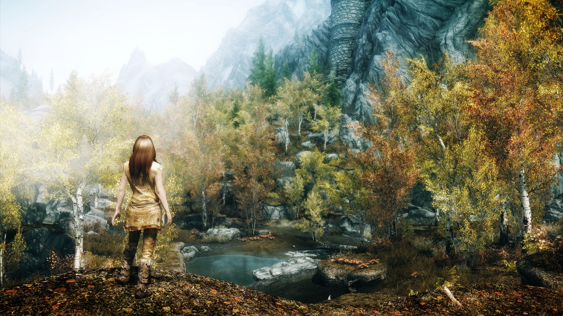 Preview wallpaper skyrim, girl, autumn, trees 1920×1080