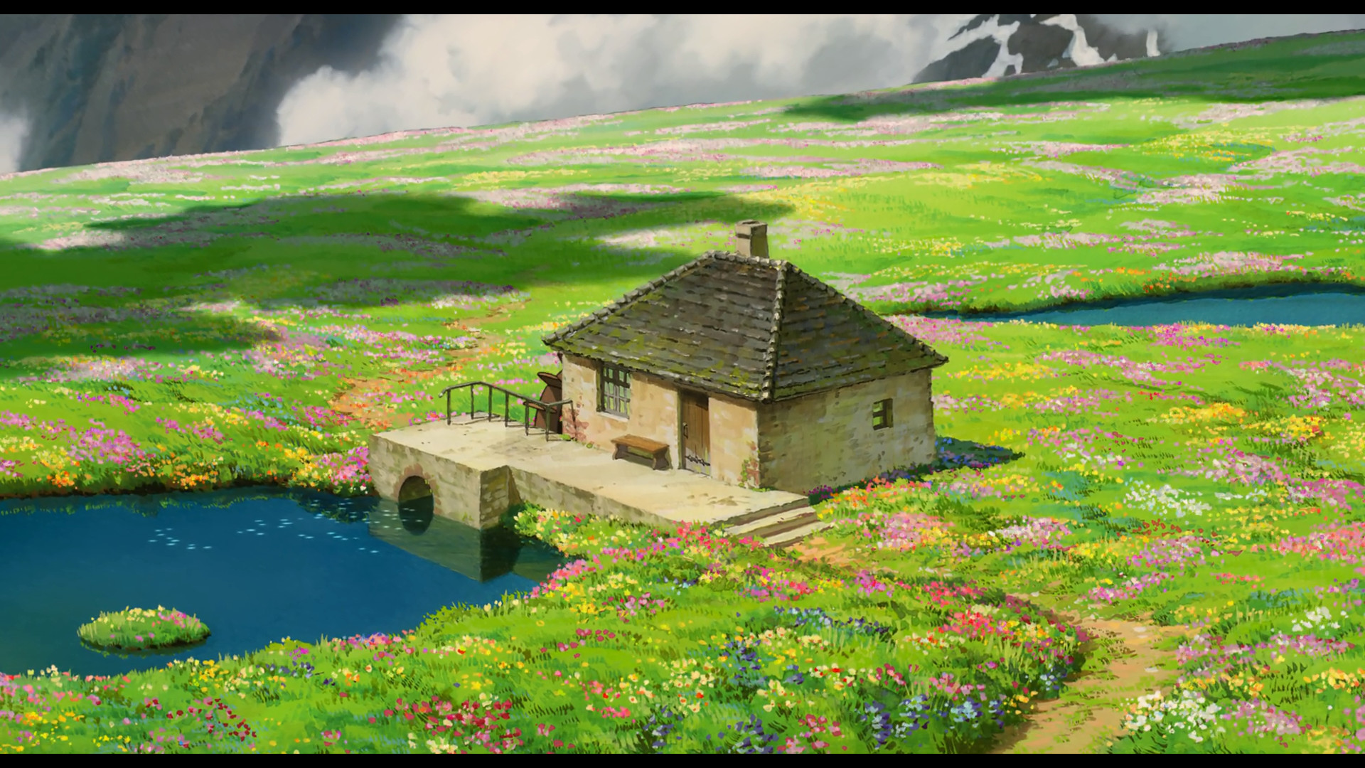 Anime anime Studio Ghibli landscape house water field cottage flowers peaceful Howls Moving Castle