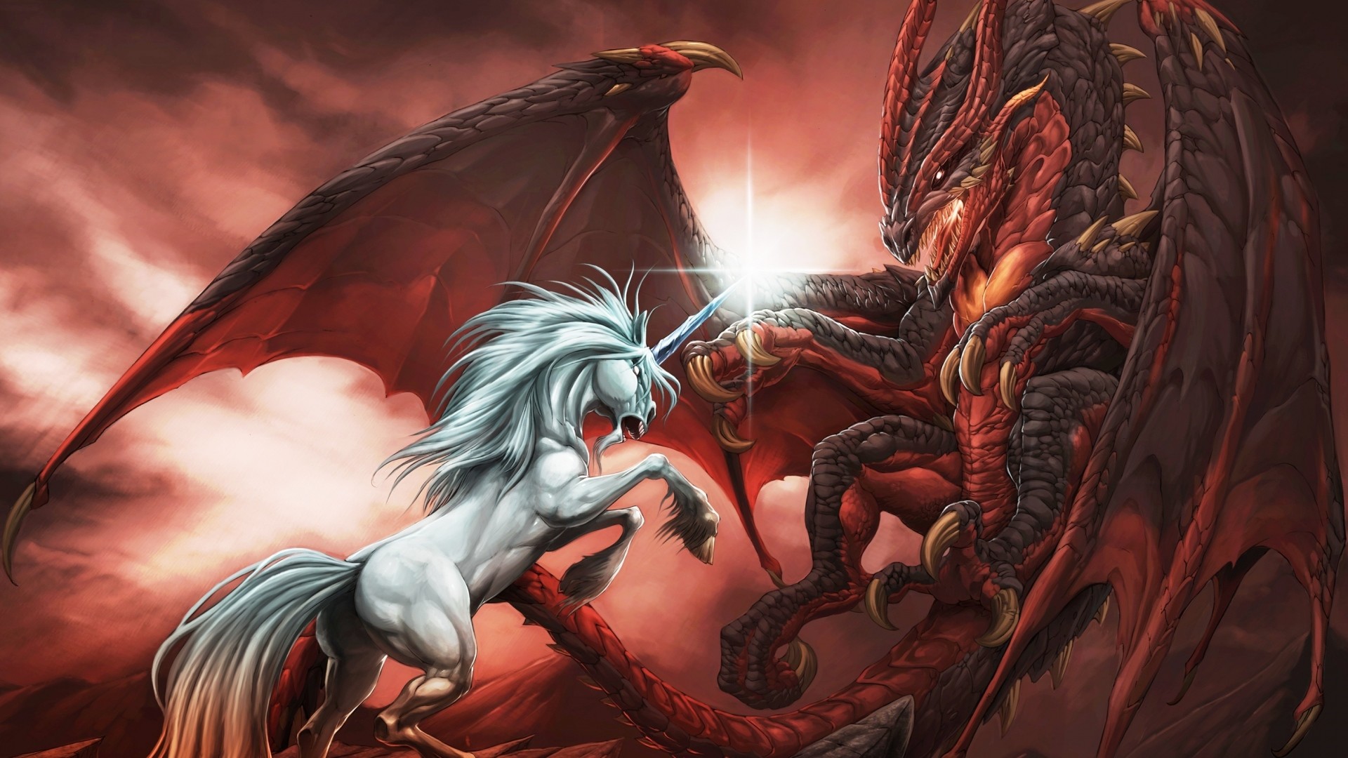 Preview wallpaper unicorn, fight, battle, dragon 1920×1080