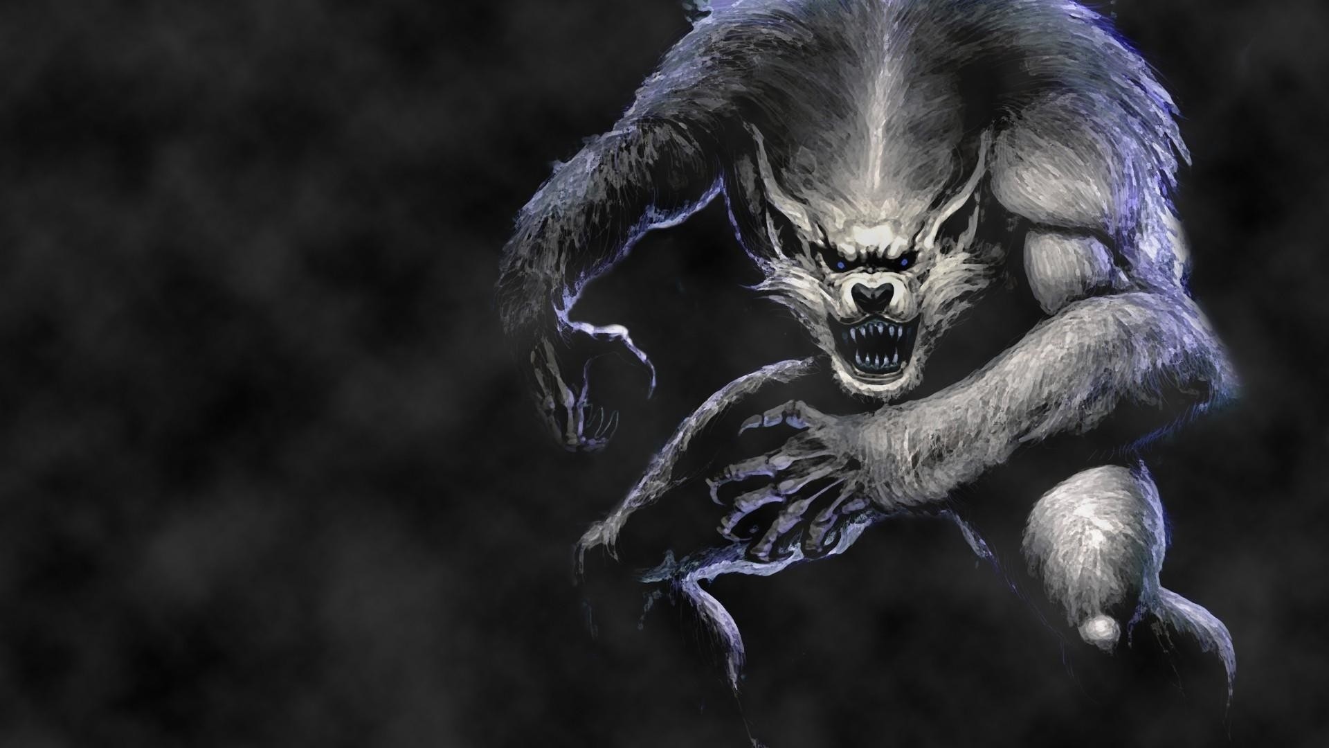 Preview wallpaper werewolf, wolf, jump, fog 1920×1080