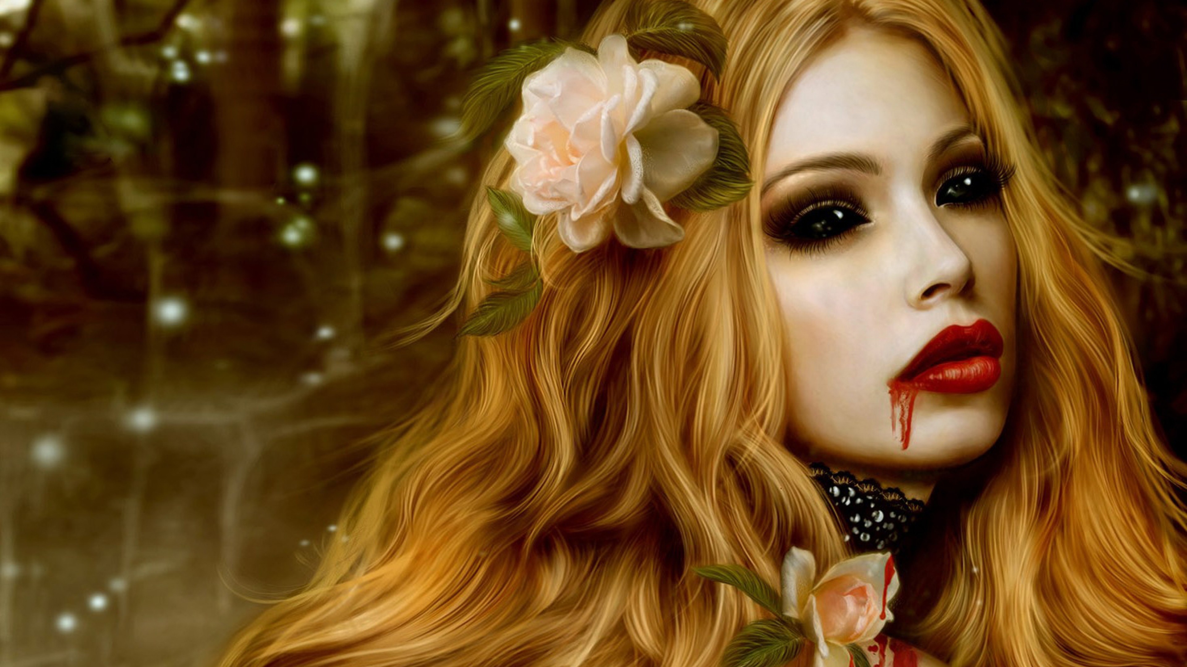 Preview wallpaper vampire, blood, flowers, girl, lips 3840×2160