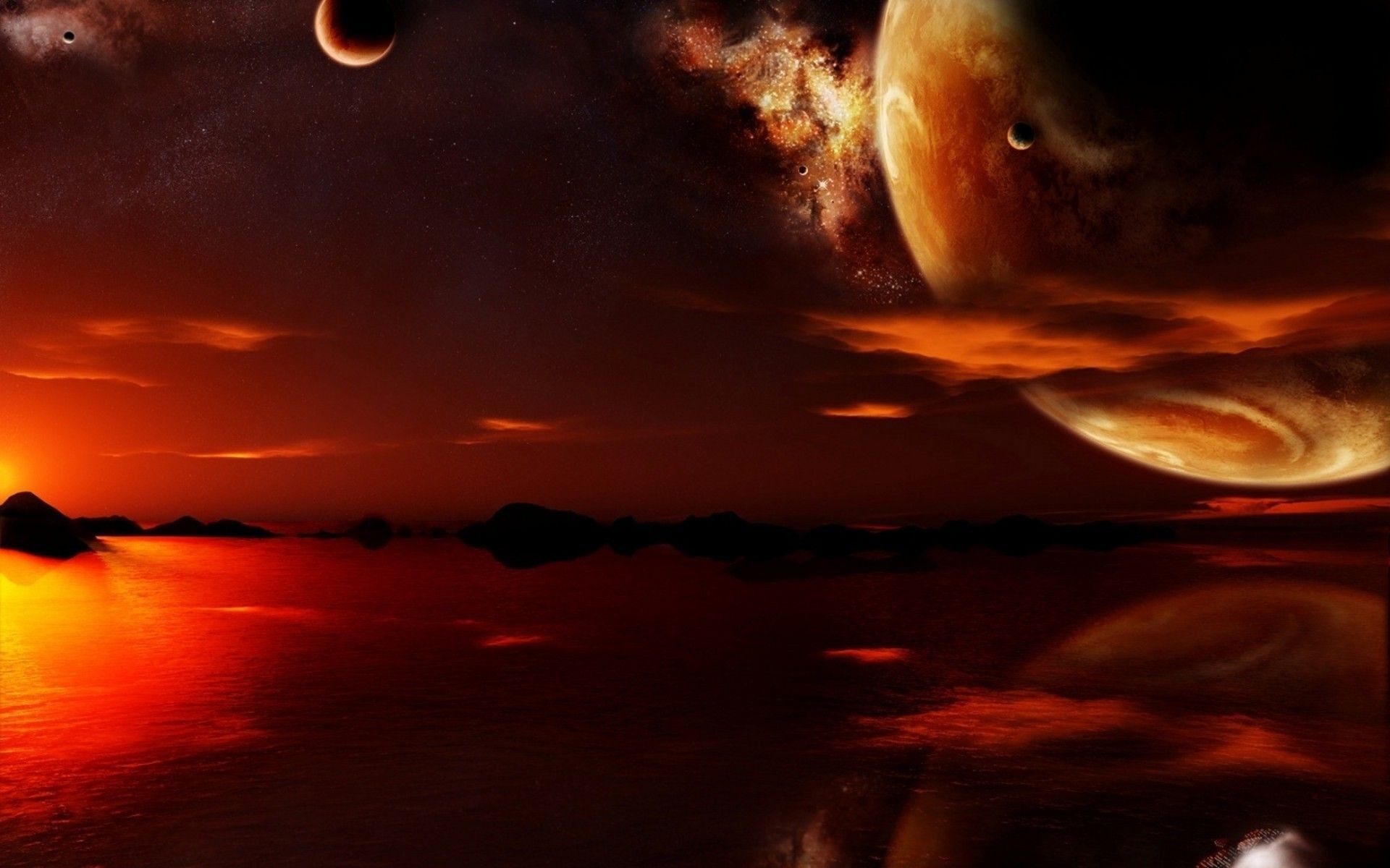 Red planet, moon, sky, lake, sunset, fantasy, HD .