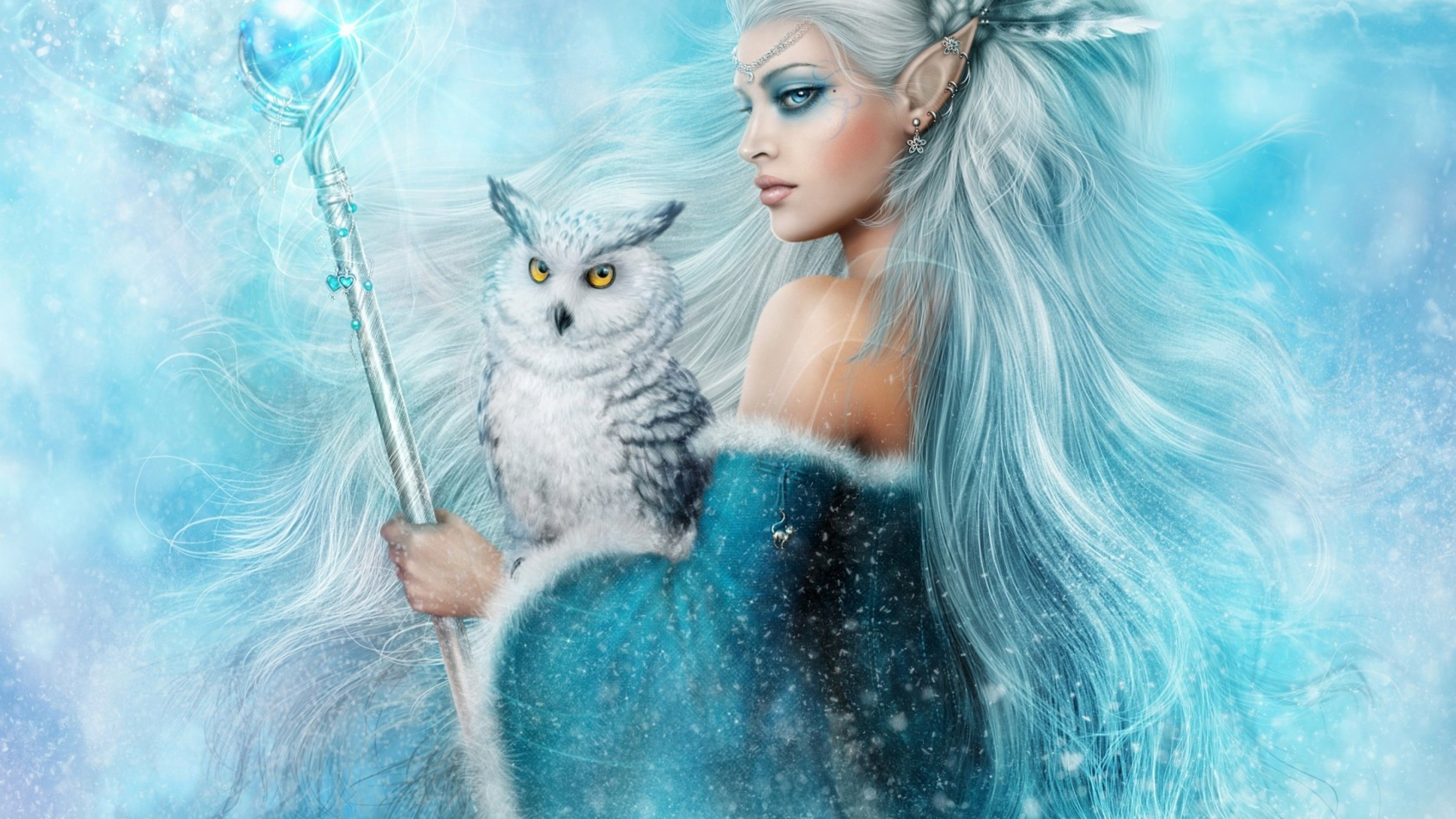 Preview wallpaper girl, elf, owl, magic 3840×2160