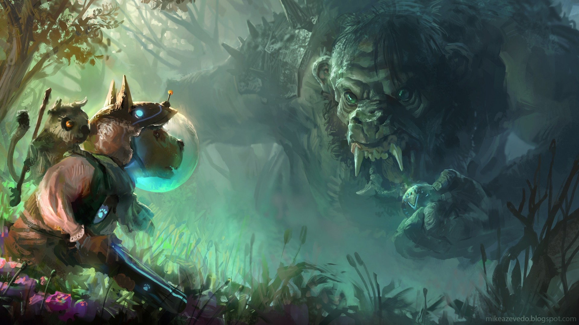 Preview wallpaper troll, dog, art, forest 1920×1080