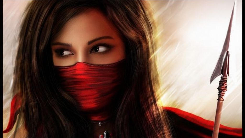 manipulations cg digital art art fantasy warriors spear weapons brunettes  face mask eyes jewelry light backlit scarf maiden red colors women females  girls …