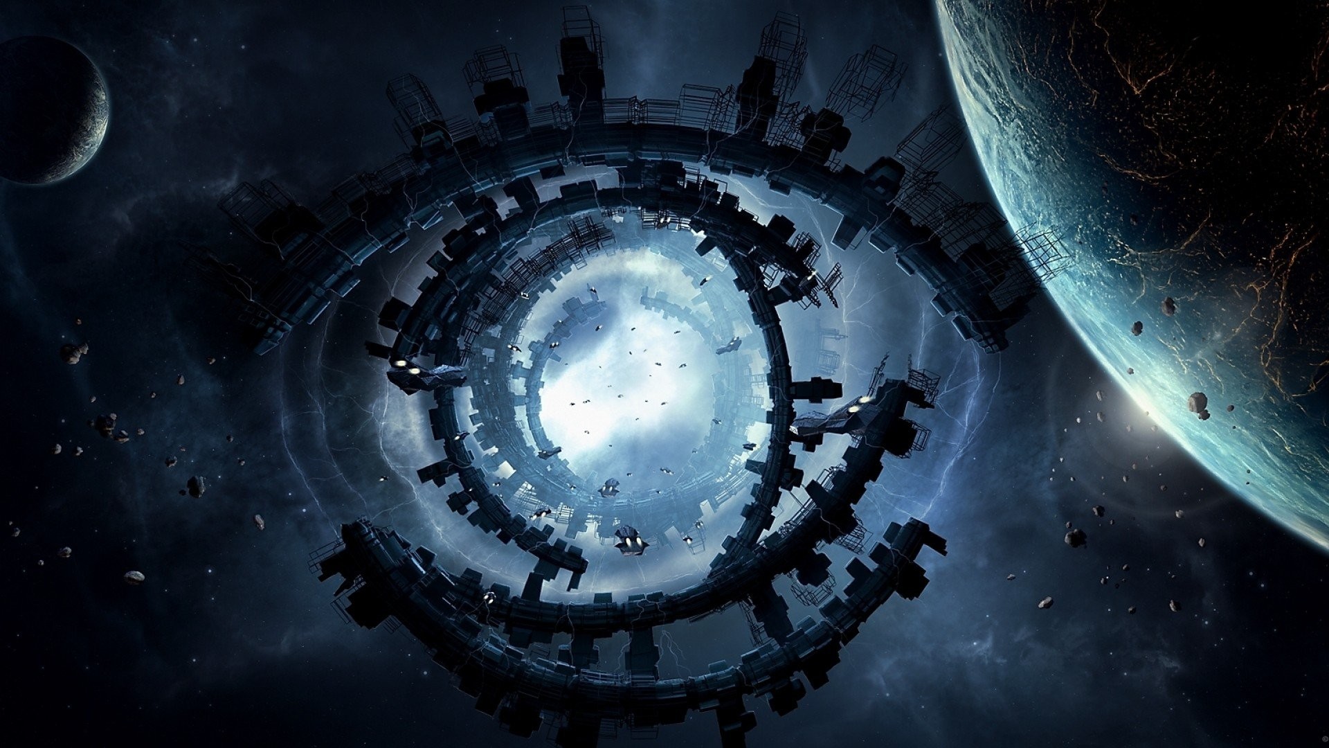 Eyes outer space planets Moon ships buildings fantasy art spaceships space station structure moons Big Bang