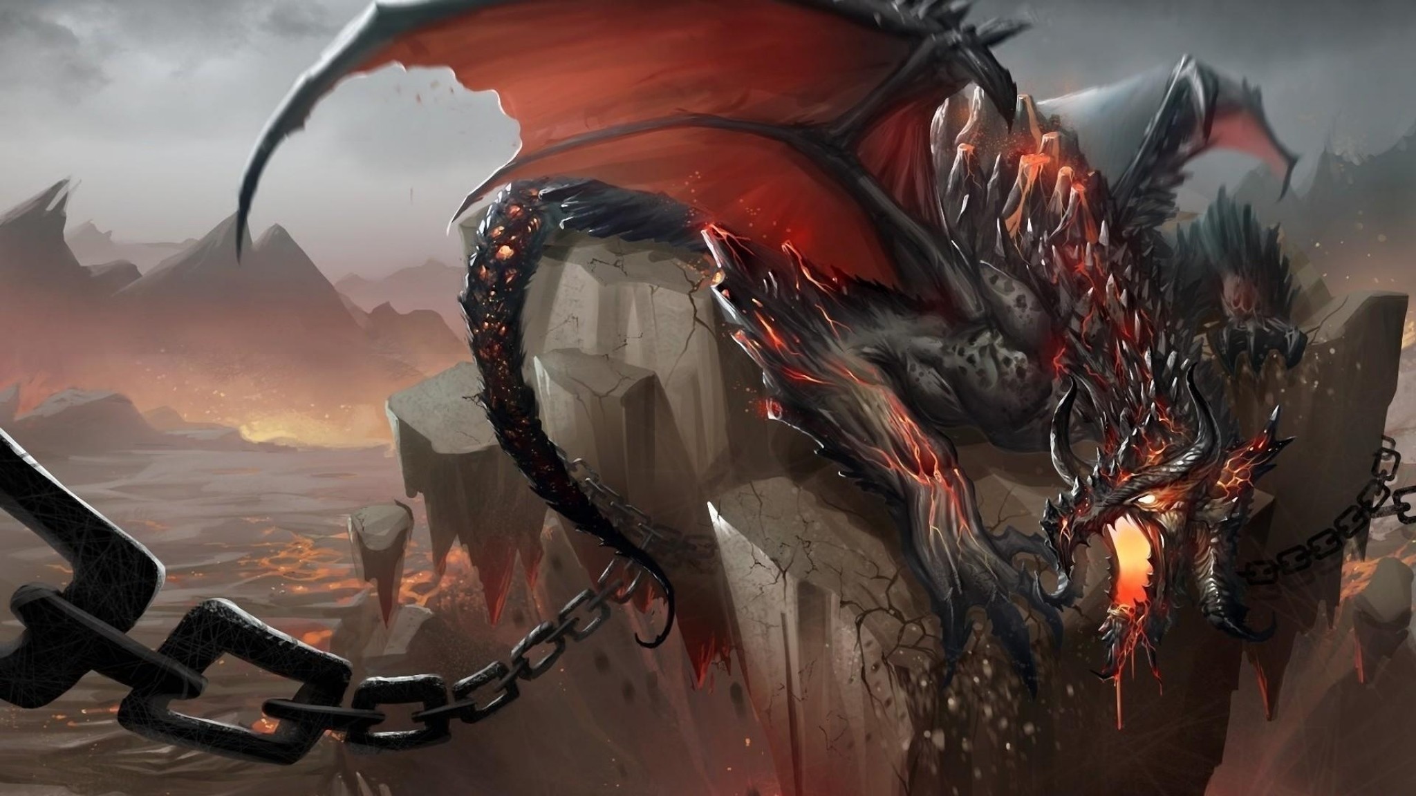 Preview wallpaper dragon, jaws, chains, stone, shatter 2048×1152