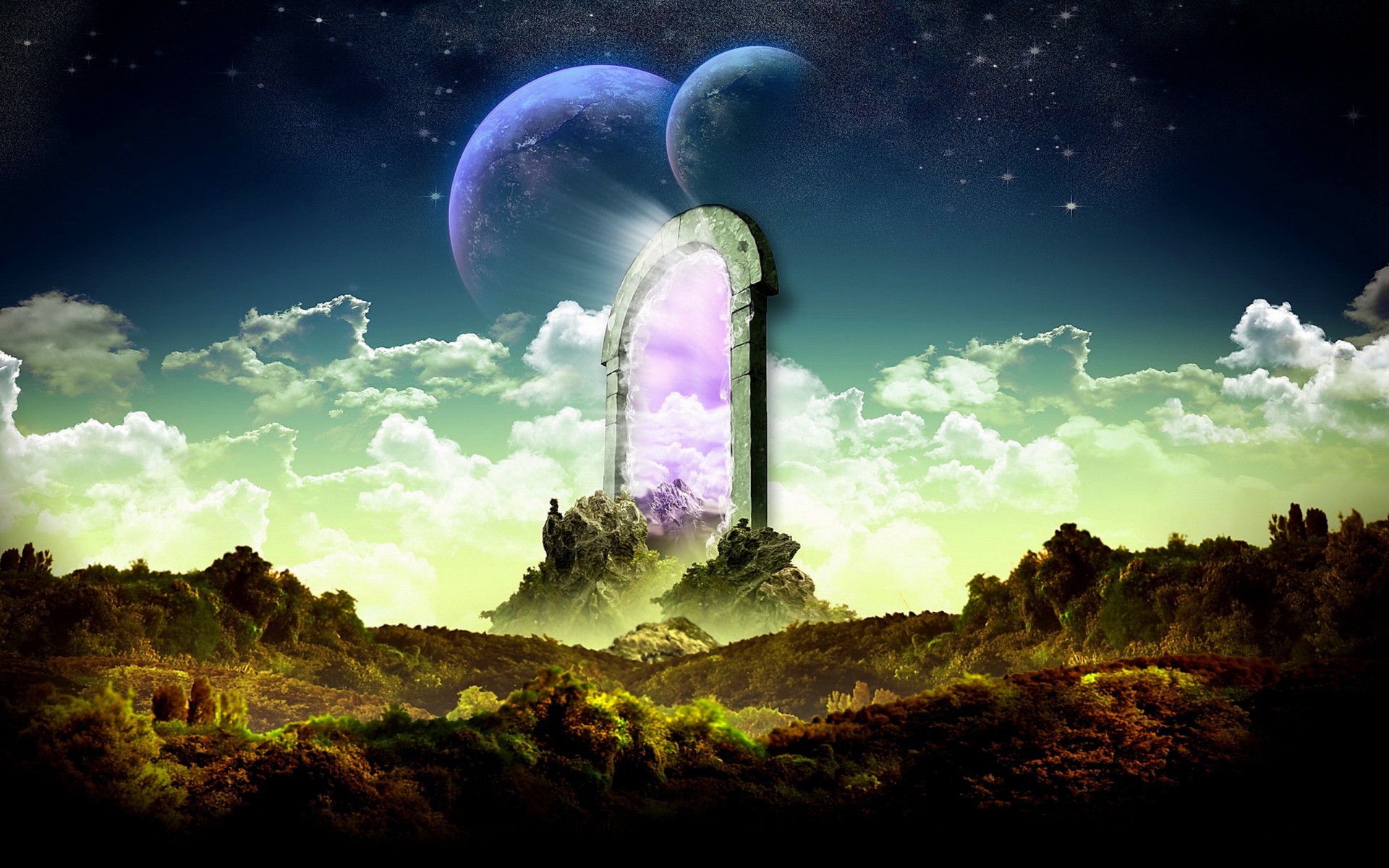 Fantasy Gate Planets Clouds wallpapers and stock photos