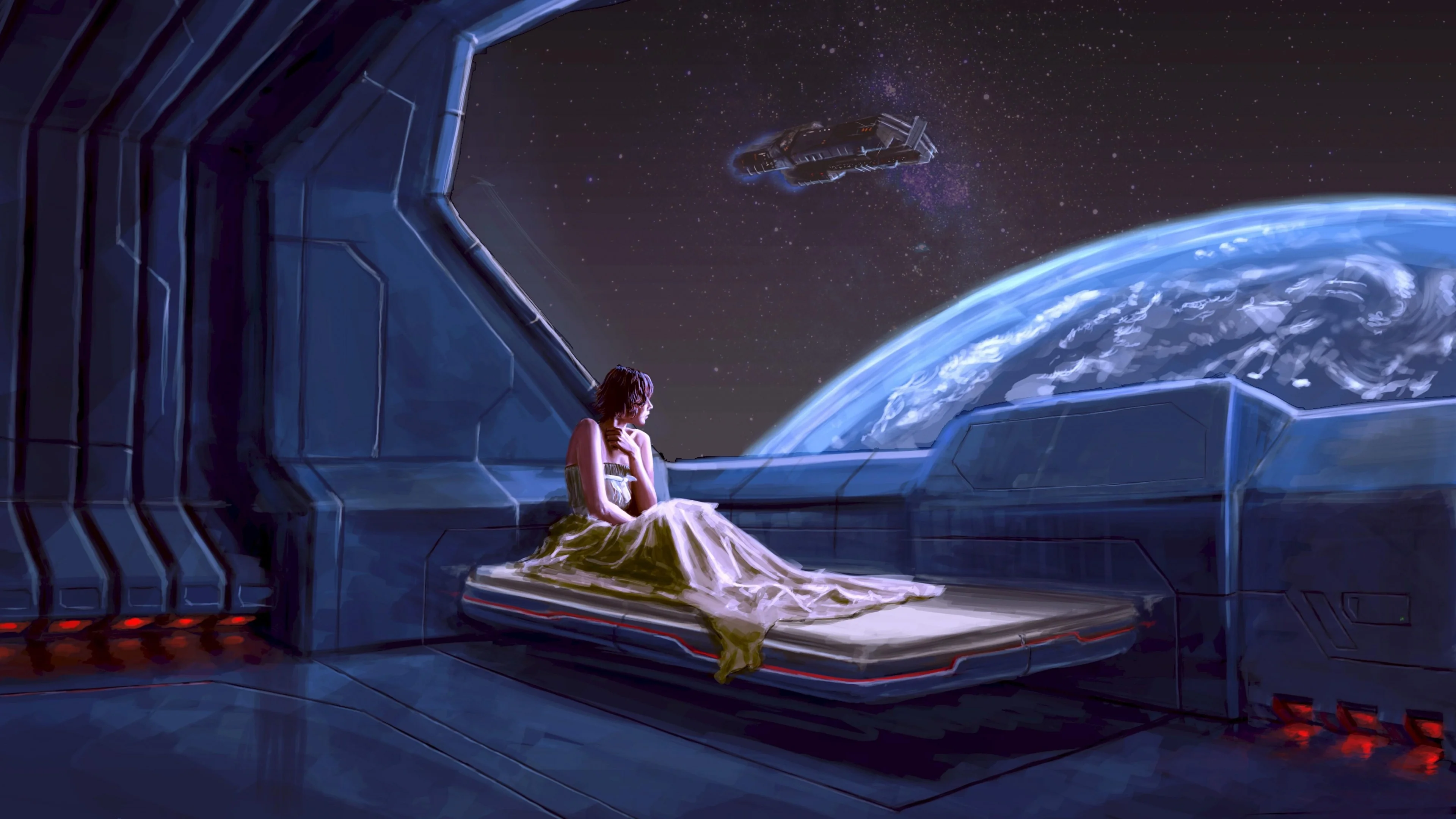 Preview wallpaper girl, planet, ship, space 3840×2160