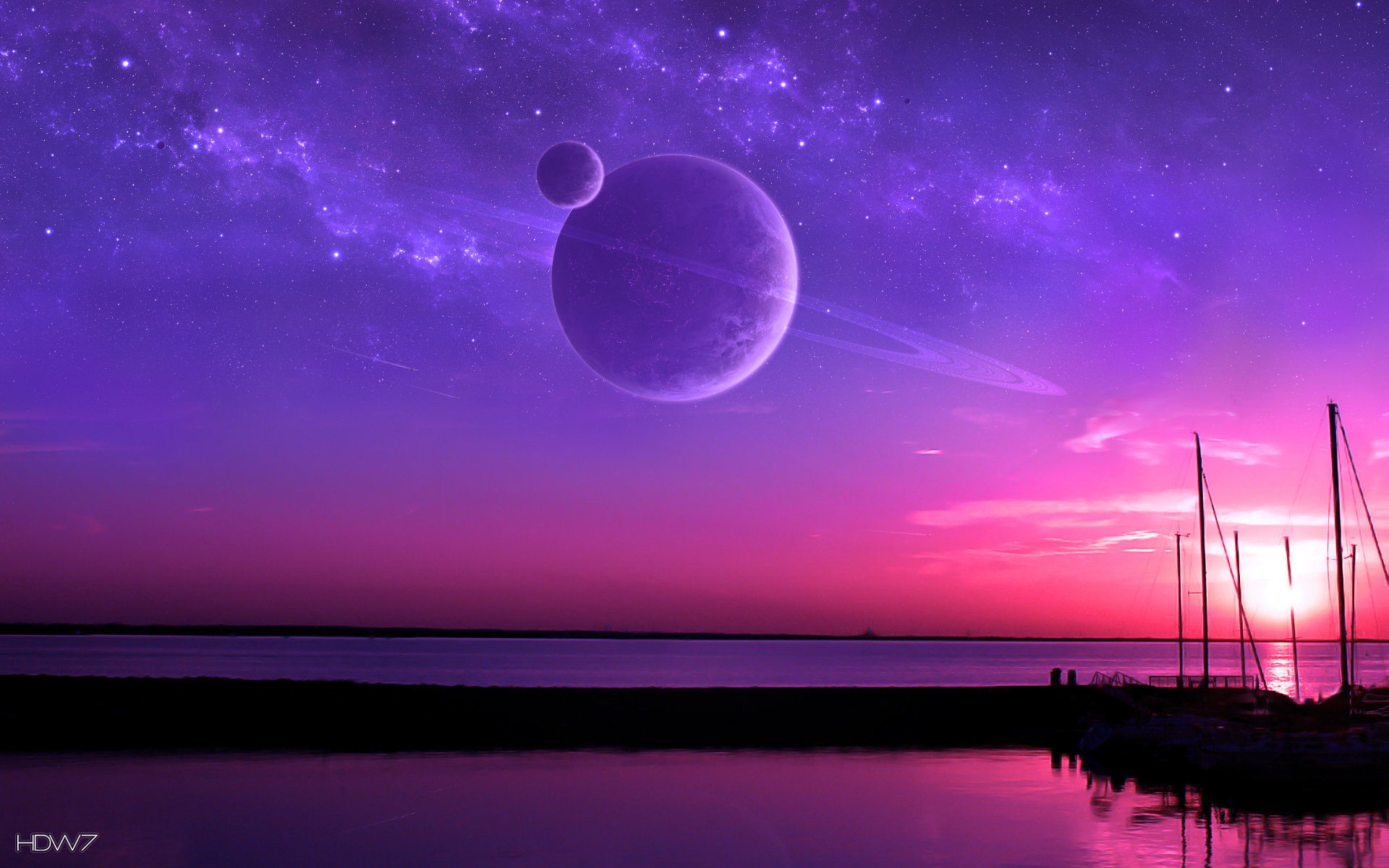 Purple and pink sunset fantasy space planets