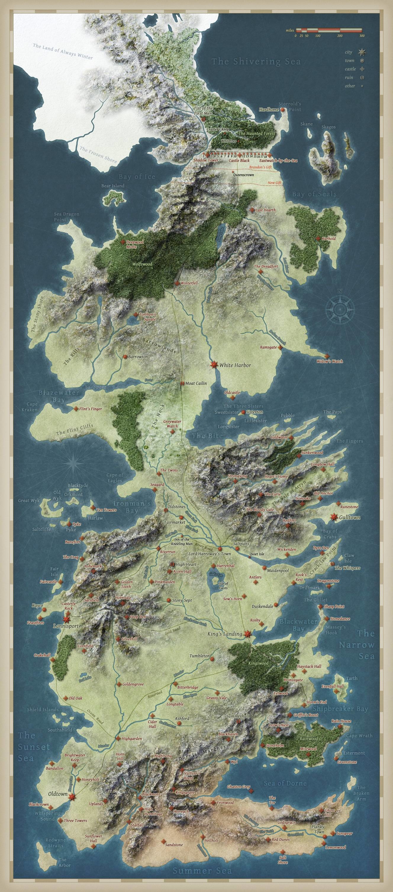 Map of Westeros, from George R. Martins epic fantasy series A Song of Ice and Fire and the HBO show Game of Thrones