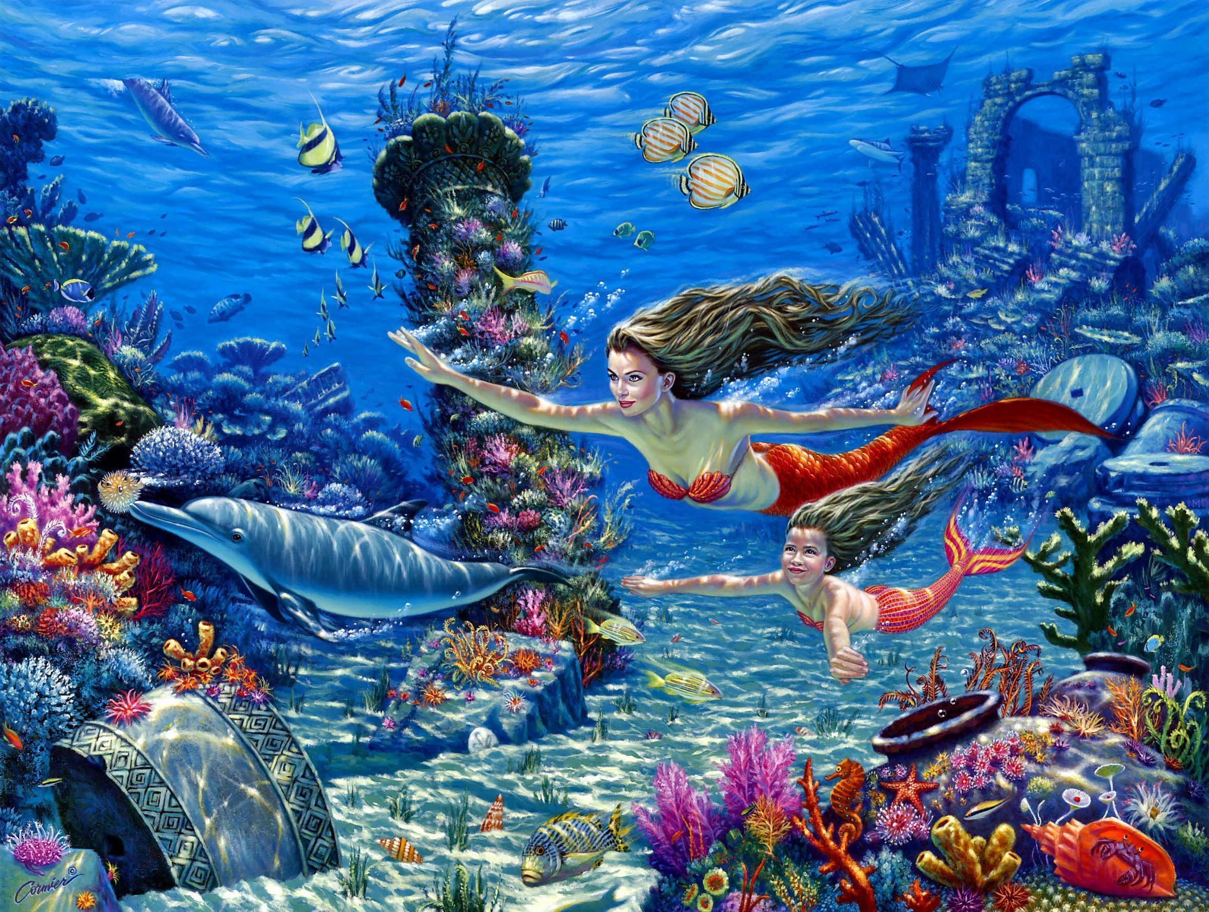 Fantasy cg digital art mermaid ocean fish wallpaper
