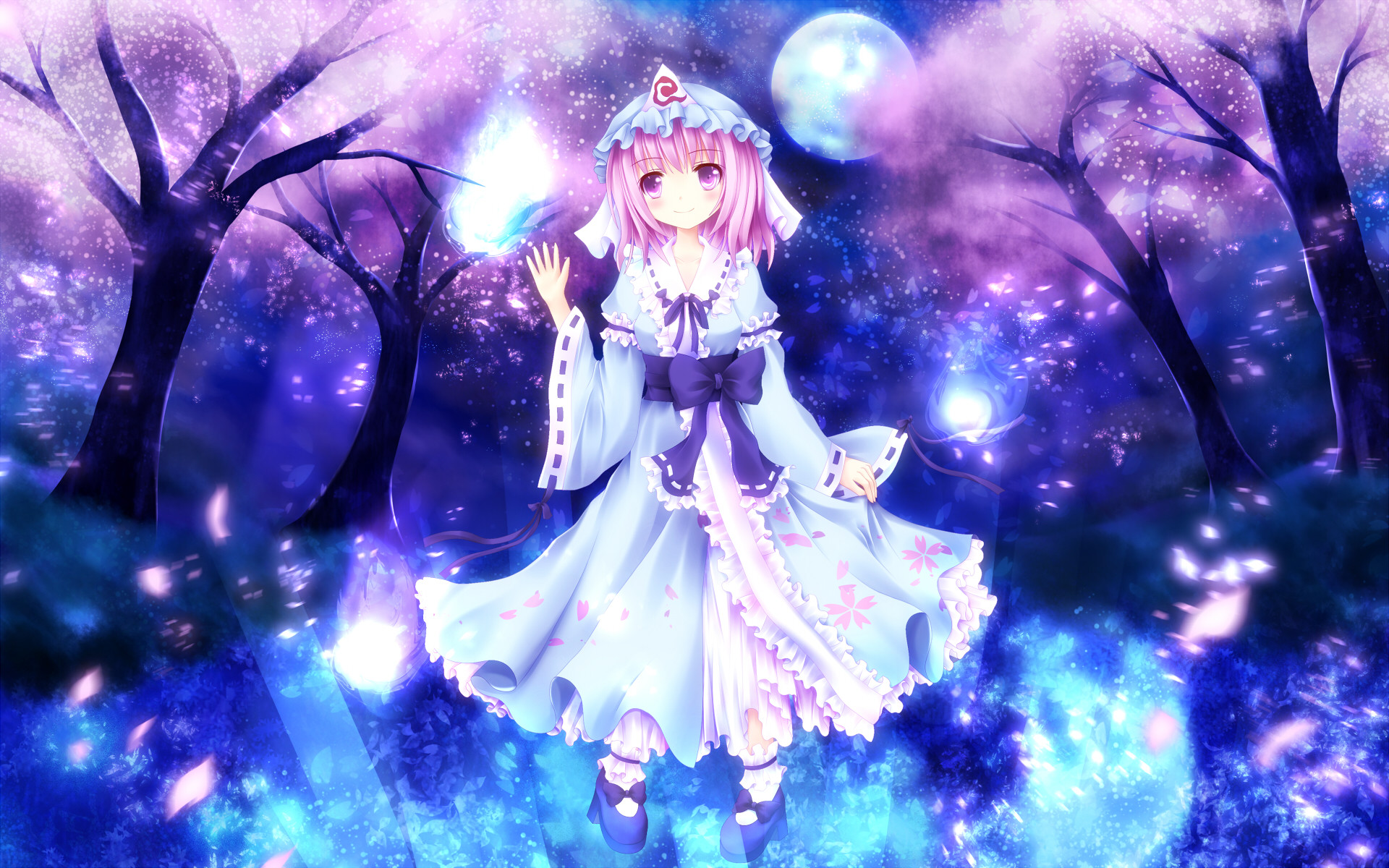 Anime – Touhou Yuyuko Saigyouji Pink Hair Purple Eyes Dress Mnen Japanese Clothes Bakgrund