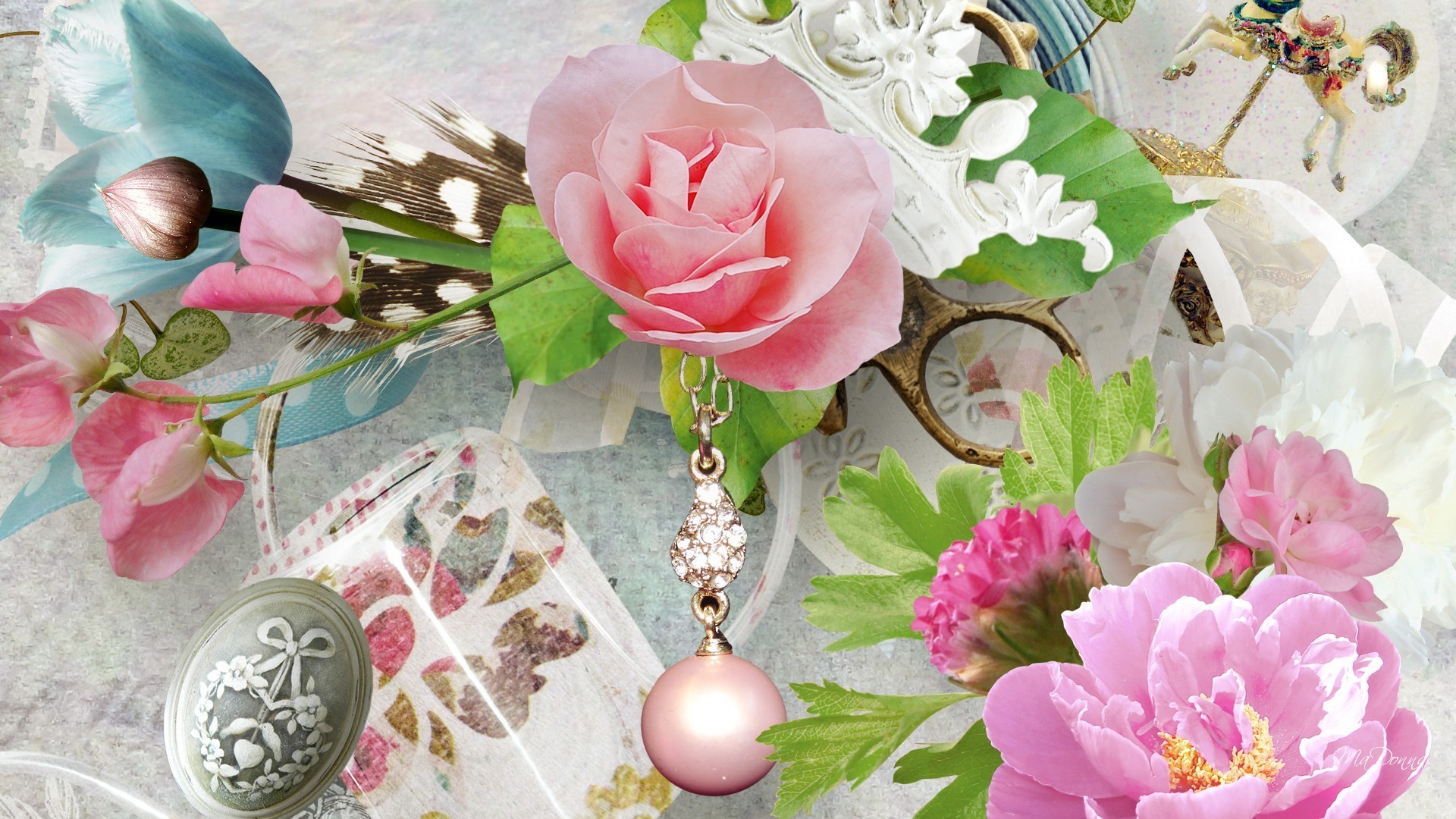 Peonies Tag – Bit Romantic Brooch Peonies Chain Just Flowers Feather Pearls Vintage Roses Daisy Flower