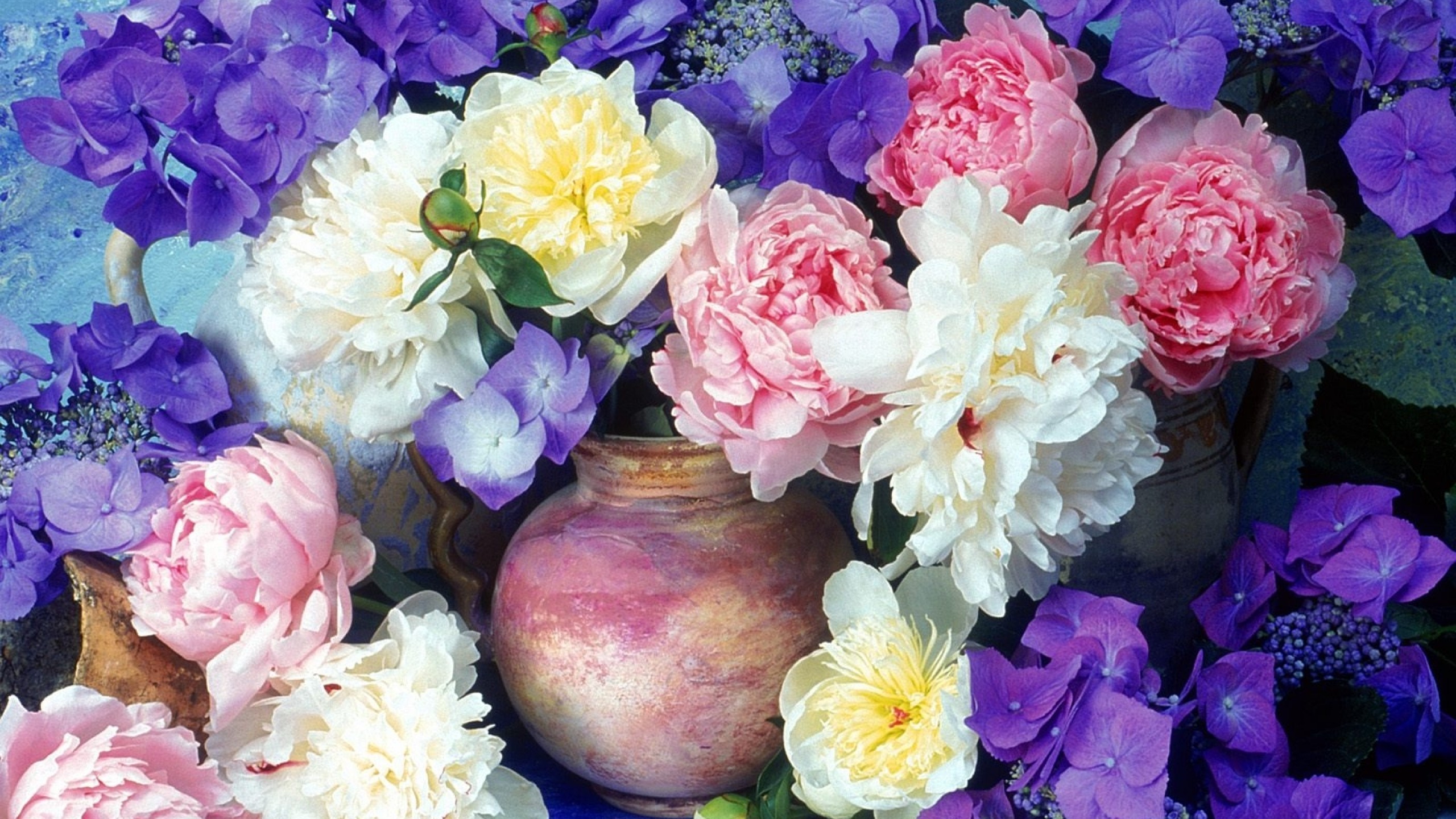 Preview wallpaper peonies, hydrangea, flowers, painting, jugs, flower,  beauty 2560×1440