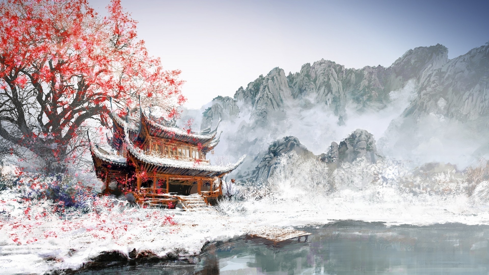 Painting, Japan, Winter, White, Snow, Mountain, Cherry Blossom Wallpapers HD / Desktop and Mobile Backgrounds