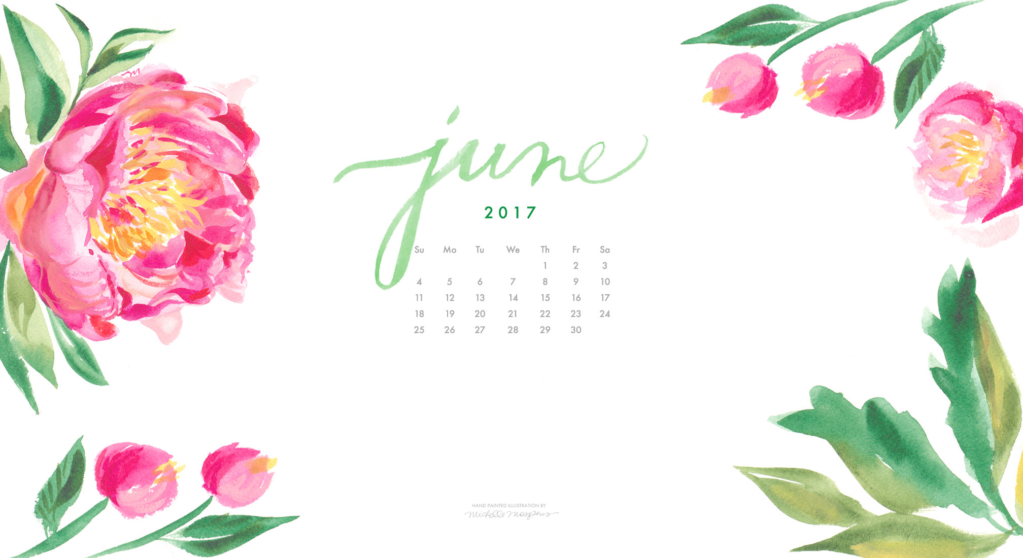 Click save Peony Flowers June Calendar computer wallpaper