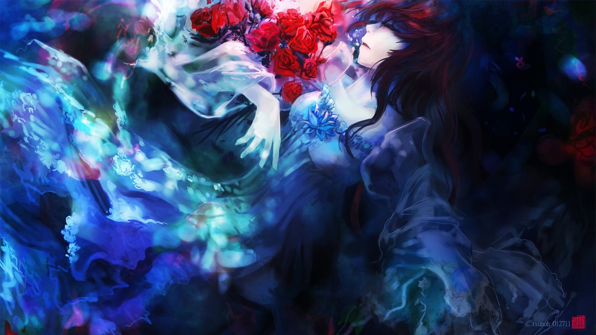 Anime Girls Artwork Drawings Dress Flowers Gothic Multicolor Roses Sleeping