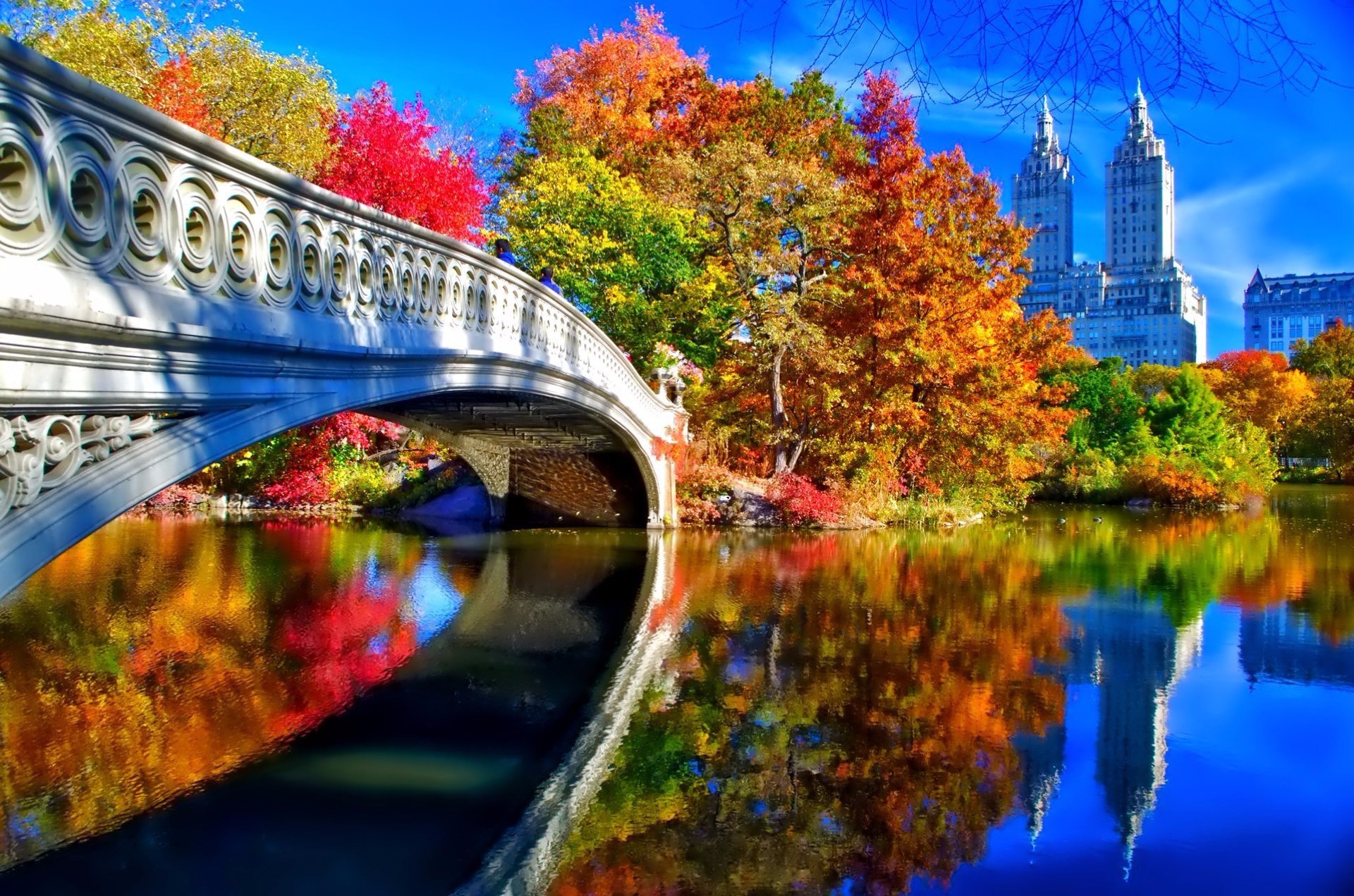 Man Made – Bridge Man Made Central Park New York Fall Foliage Tree Building  Reflection Wallpaper