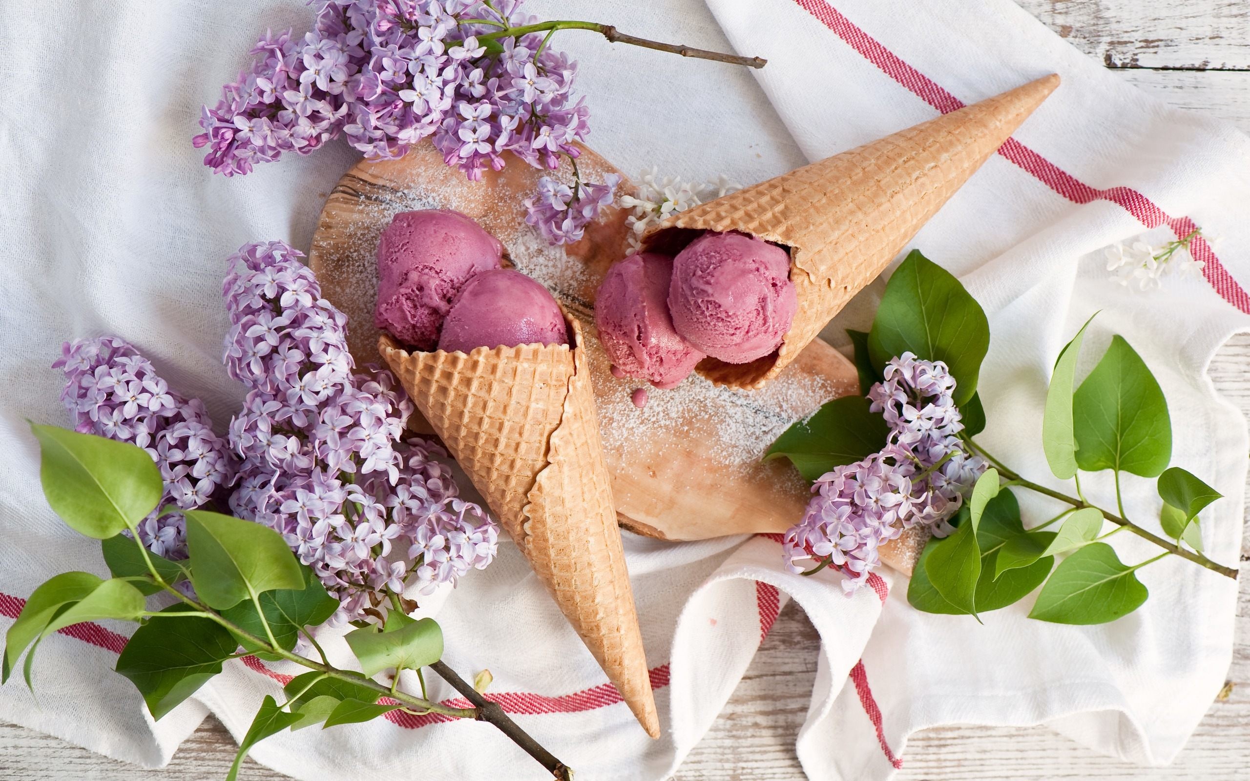 Cone Ice Cream and Lilac Flowers Wallpaper