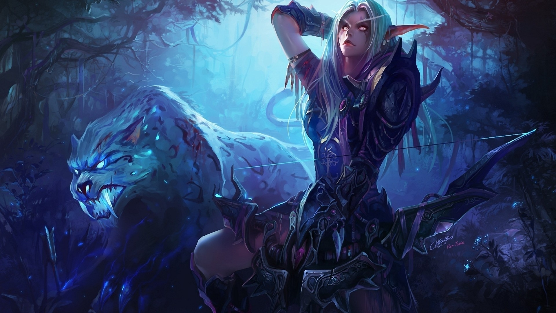 Preview wallpaper world of warcraft, girl, elf, bow 1920×1080