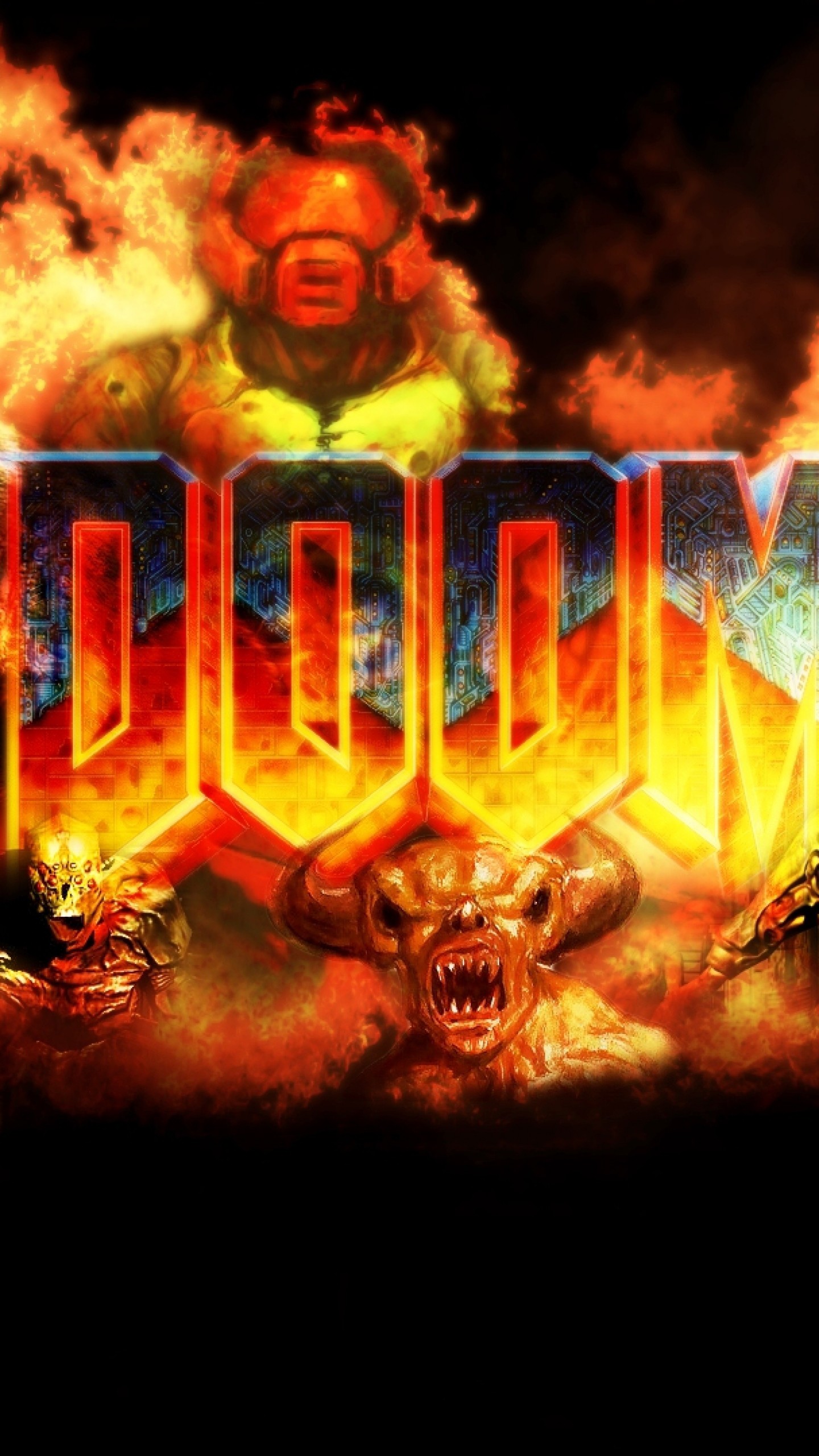 Wallpaper doom, game, logo, explosion, fire