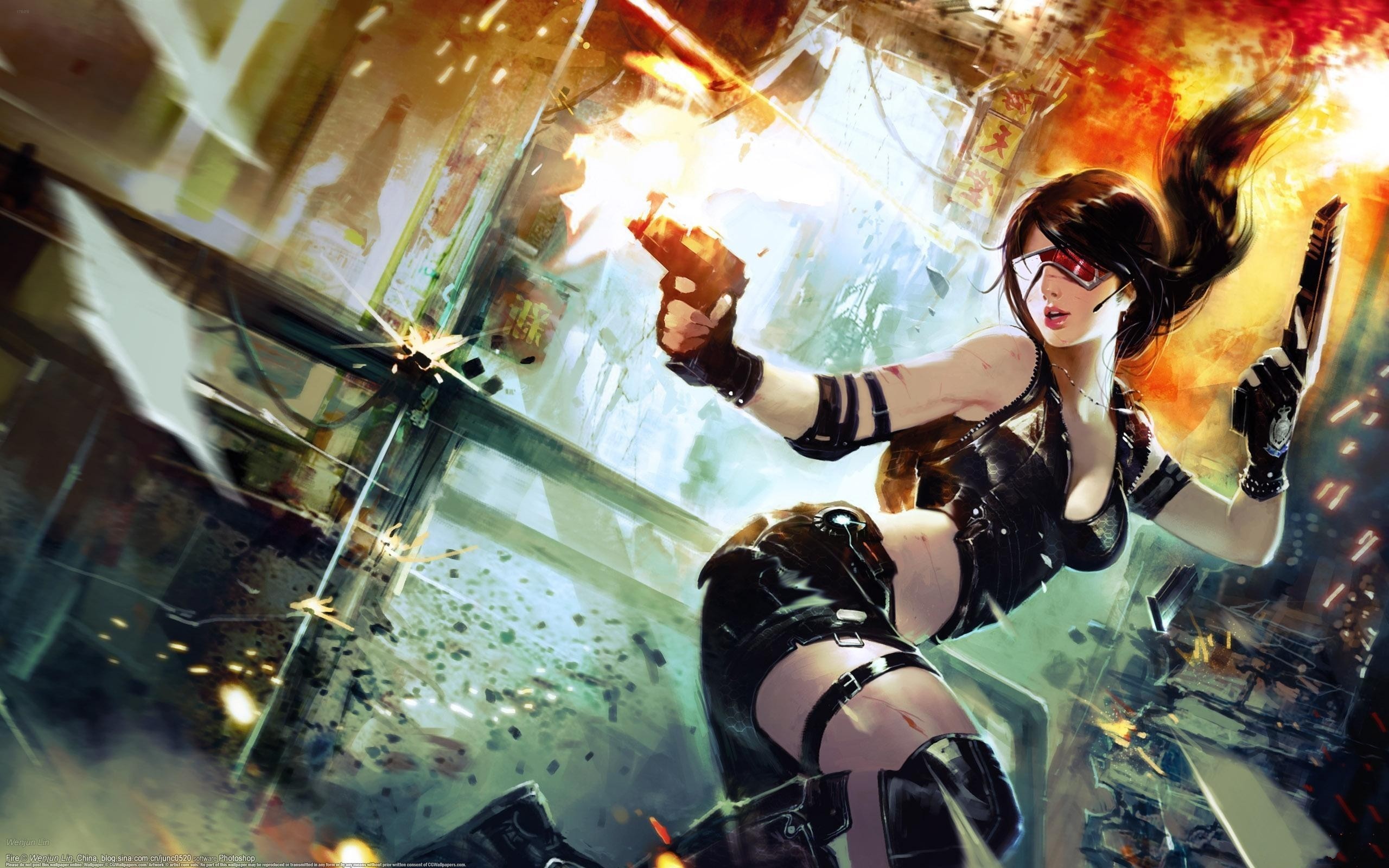 Artwork Cyberpunk Girls With Glasses Guns Weapons Women