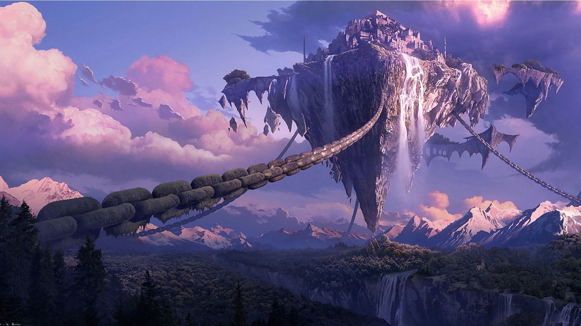 General chains landscape Tera online digital art anime waterfall fantasy art forest mountain floating island