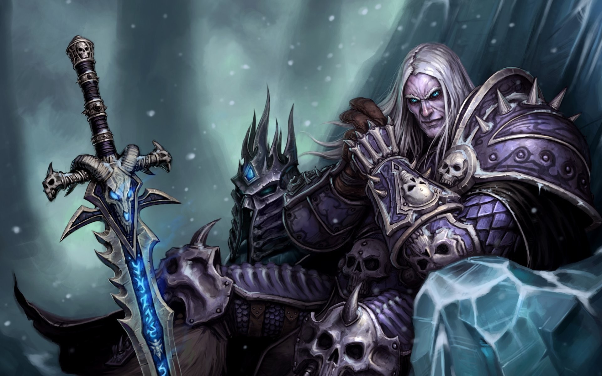 Arthas the lich king arthas menethil sword frostmourne sitting on a the frozen throne crown prince