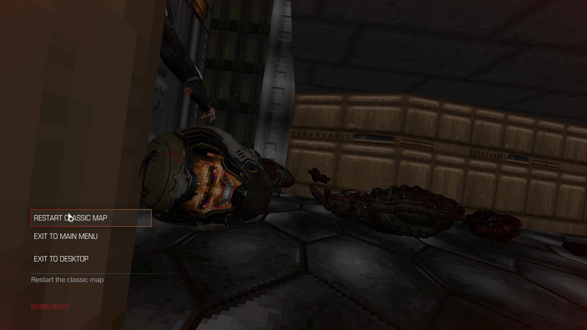 If youre gibbed blown up into tiny chunks and if your camera is facing your decapitated helmet, youll get a glimpse of the classic DOOM guys face