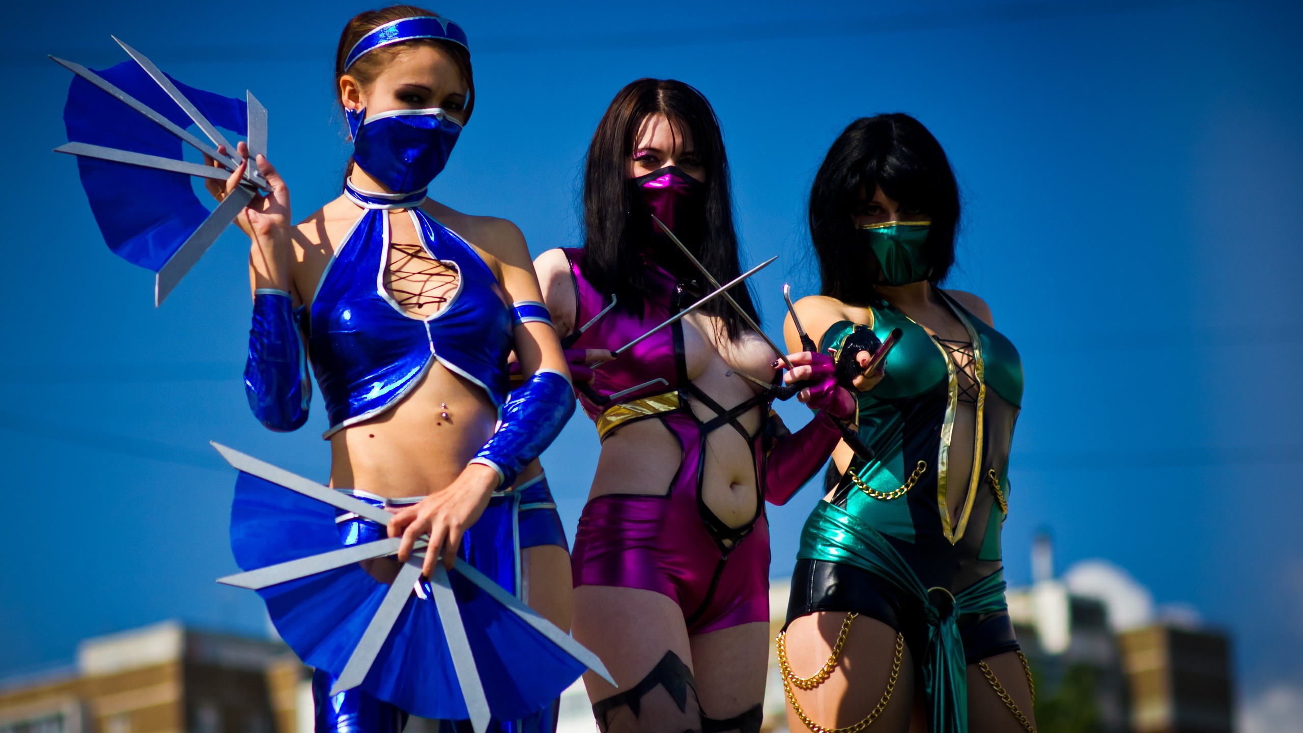 HD wallpaper of a Kitana, Mileena and Jade cosplay from the Mortal  Kombat video game series. The widescreen version (2240×1400) of the  wallpaper …