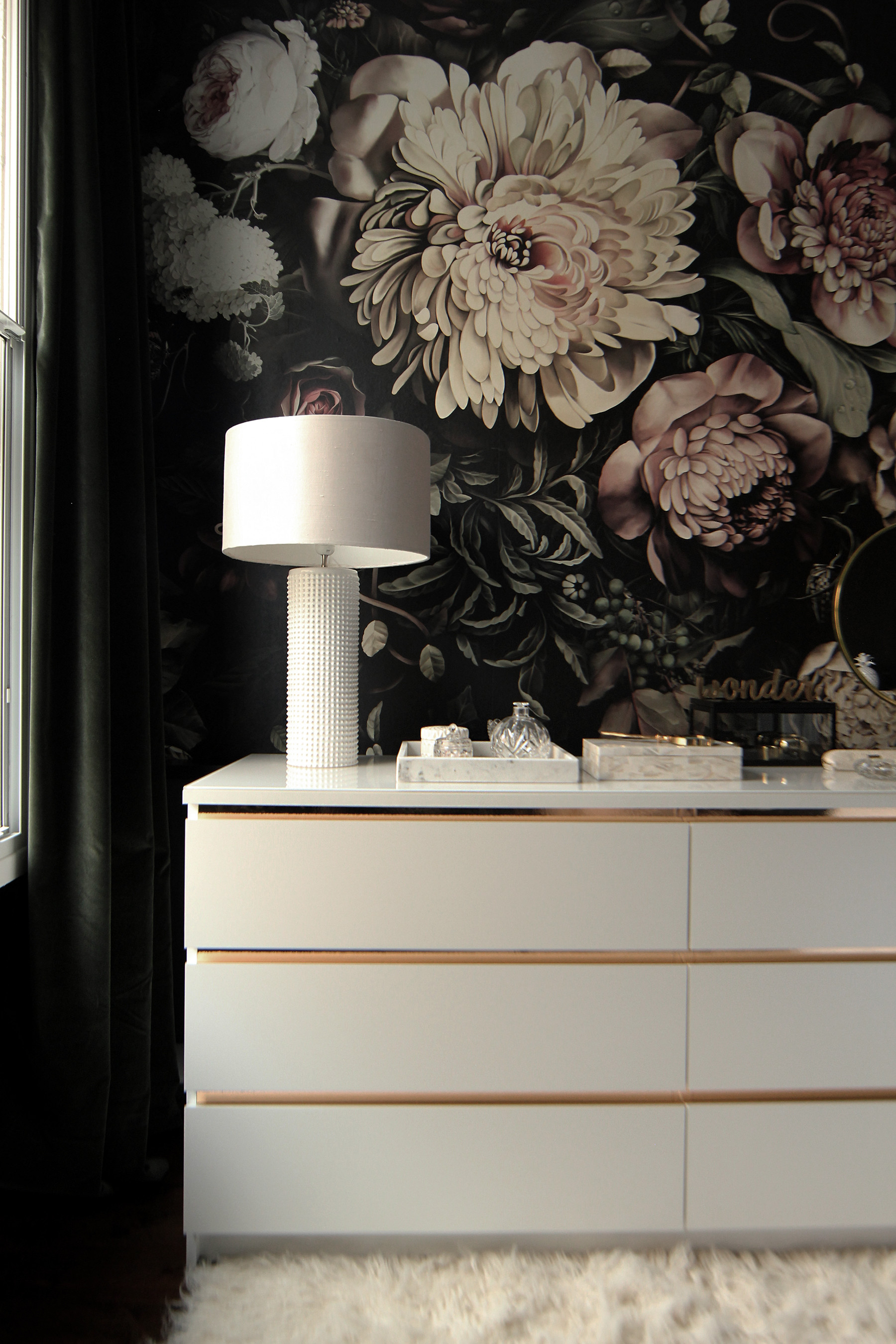 Preciously Me blog One Room Challenge – Bedroom makeover reveal. Ellie Cashman Dark Floral