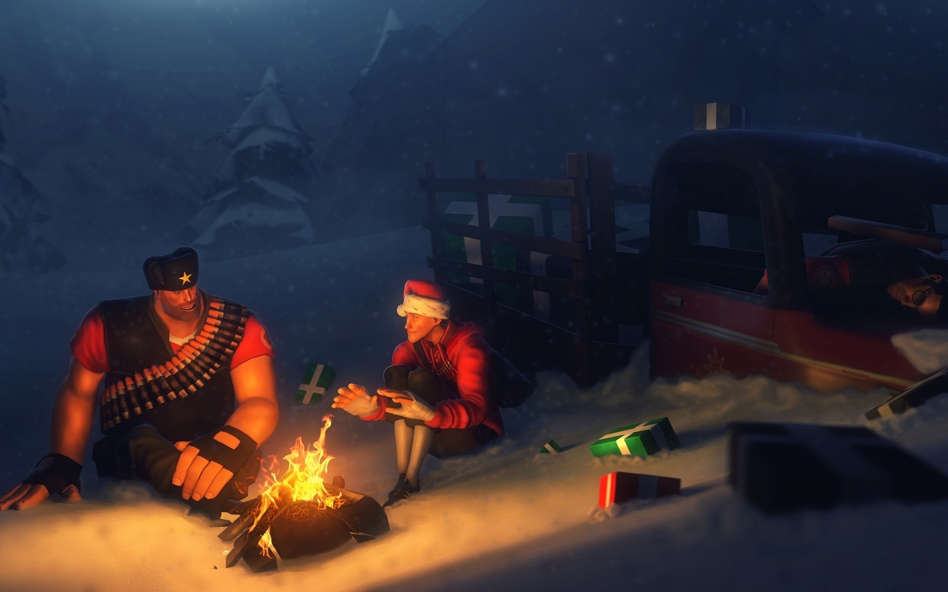 Digital Art, Team Fortress 2, Fire, Camping, Presents, Happy New Year, Truck, Heavy, Snow, Campfire Wallpapers HD / Desktop and Mobile Backgrounds