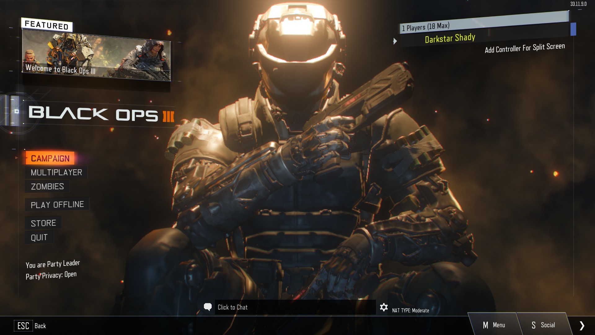 The main menu of Call of Duty Black Ops III running on PC