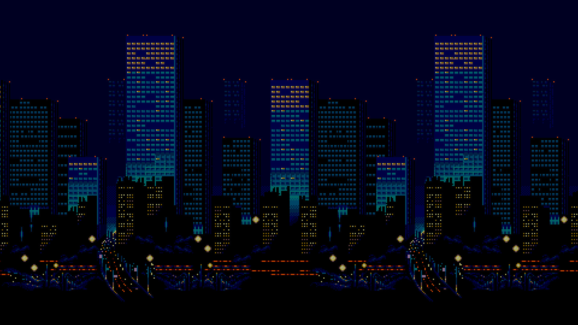 General pixel art 16-bit Sega Streets of Rage city skyline night  urban