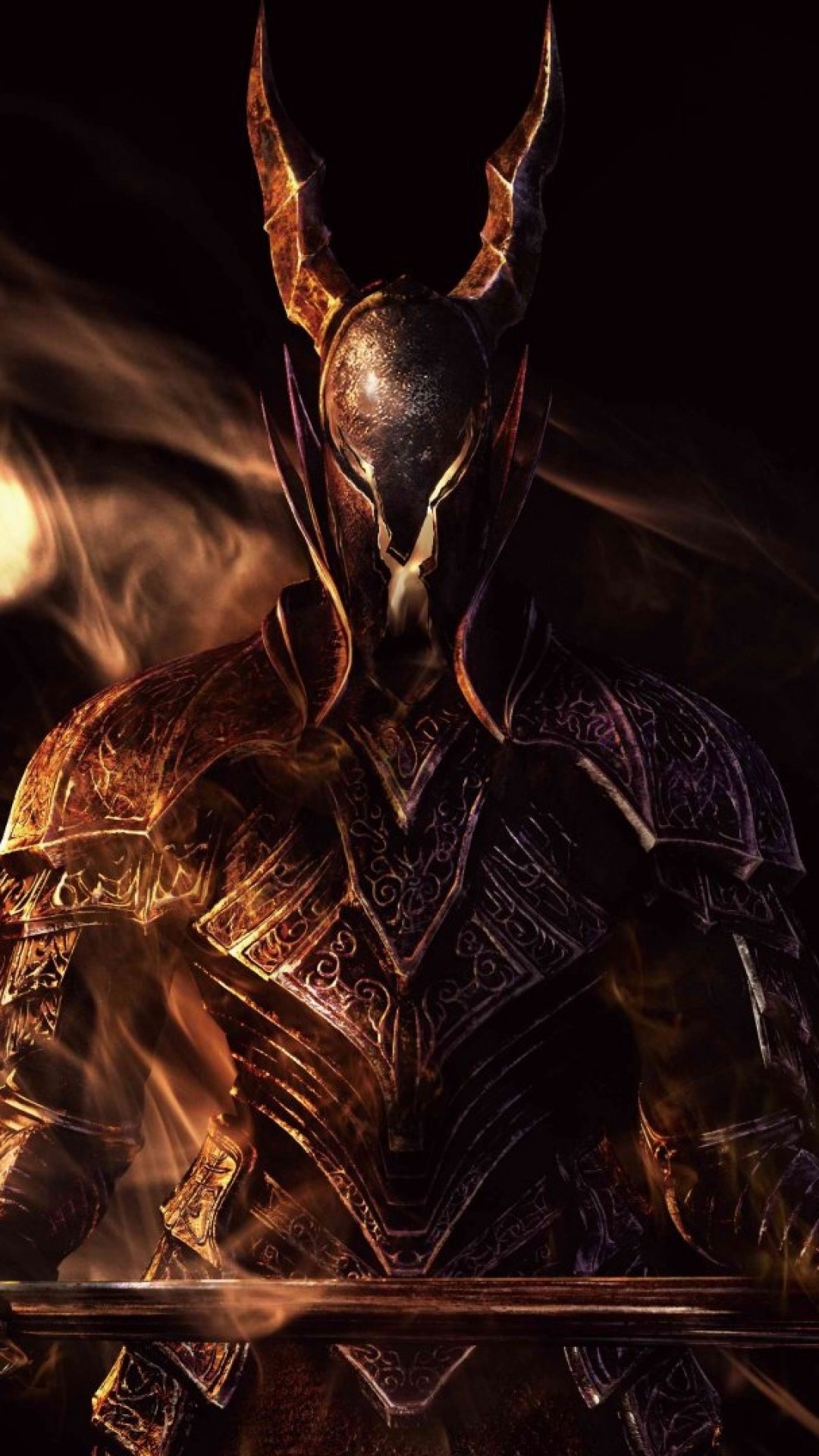 Preview wallpaper dark souls, sword, armor, look, smoke 1080×1920