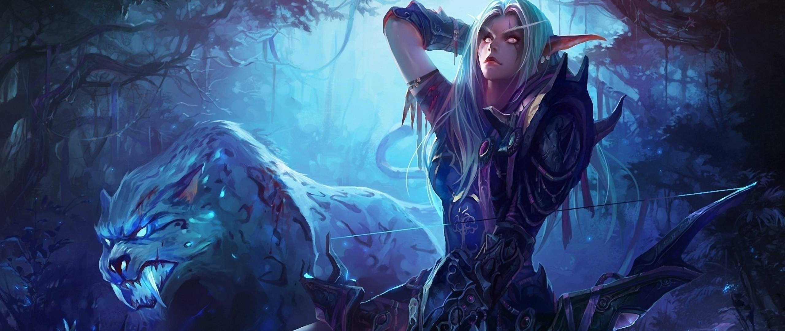 Preview wallpaper world of warcraft, girl, elf, bow 2560×1080