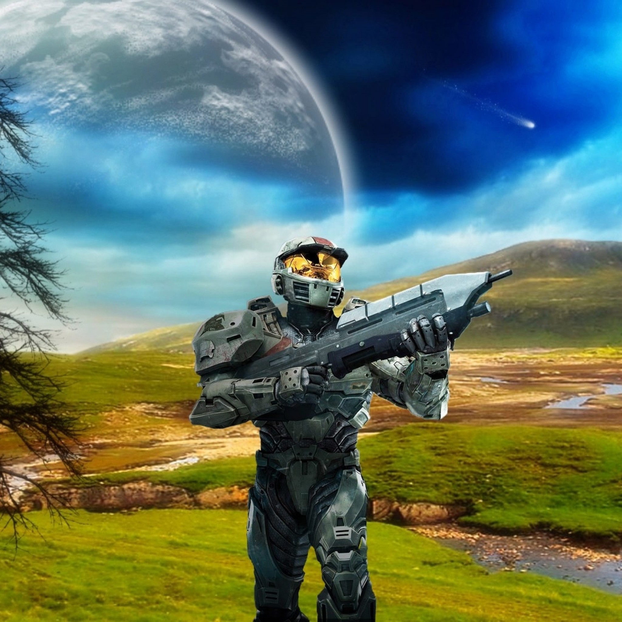 Preview wallpaper halo, plain, planet, gun 2048×2048