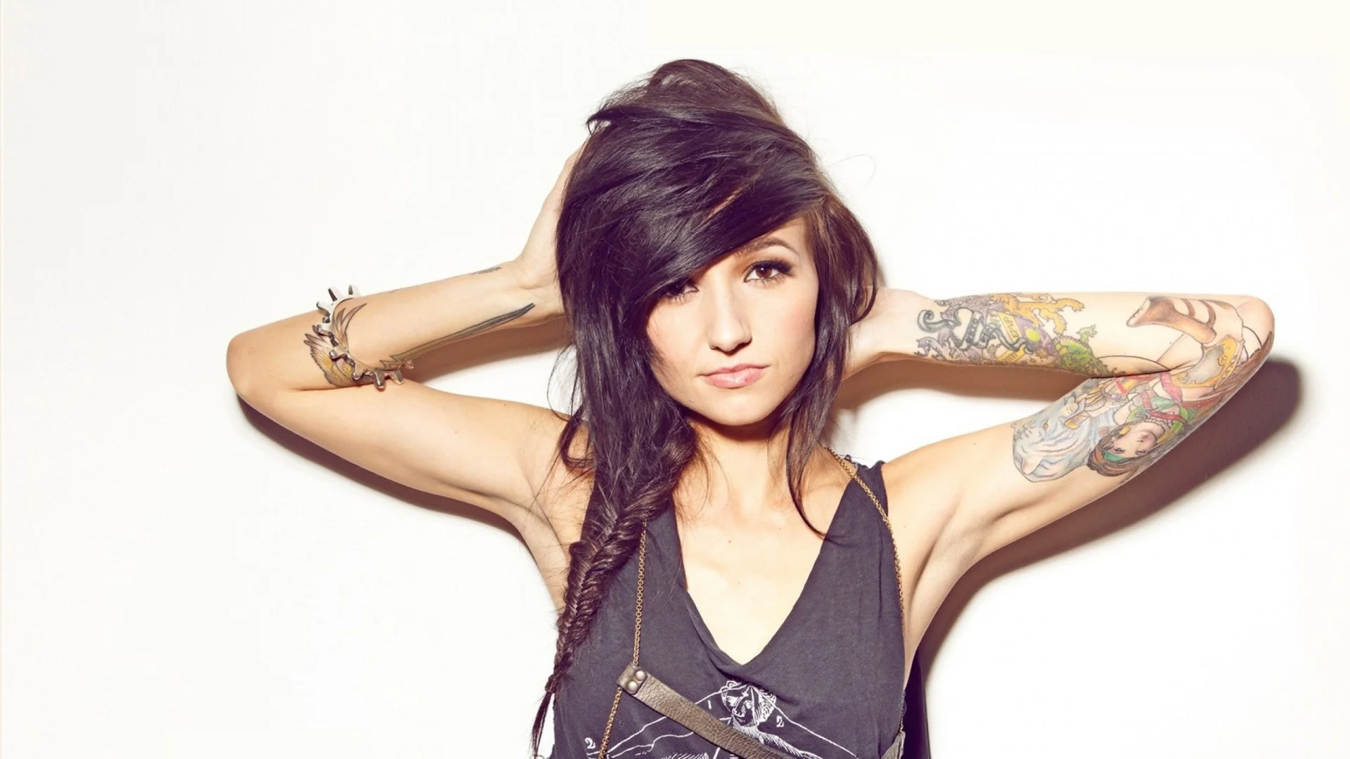Preview wallpaper girl, brunette, style, hand, tattoos, charm, swag 1920×1080