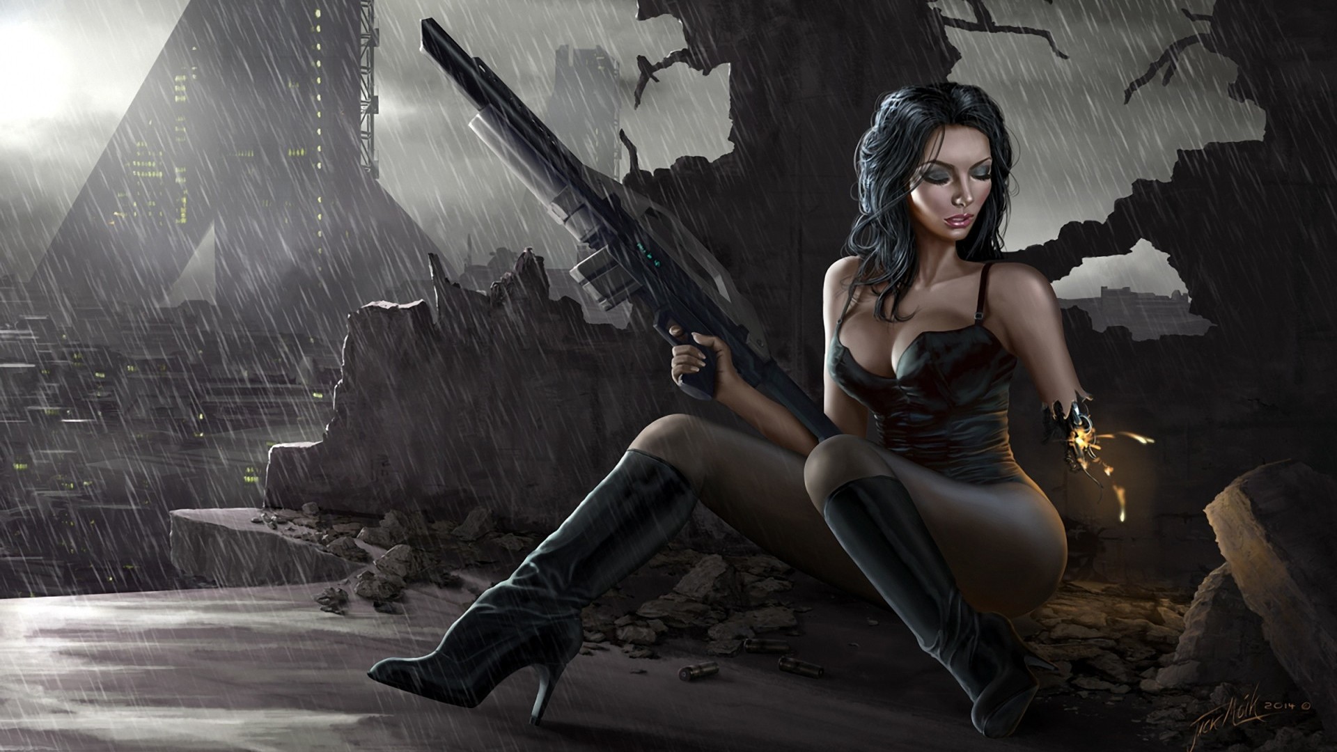 Science fiction – Women Warrior Cyborg Rifle Girls & Guns Bakgrund