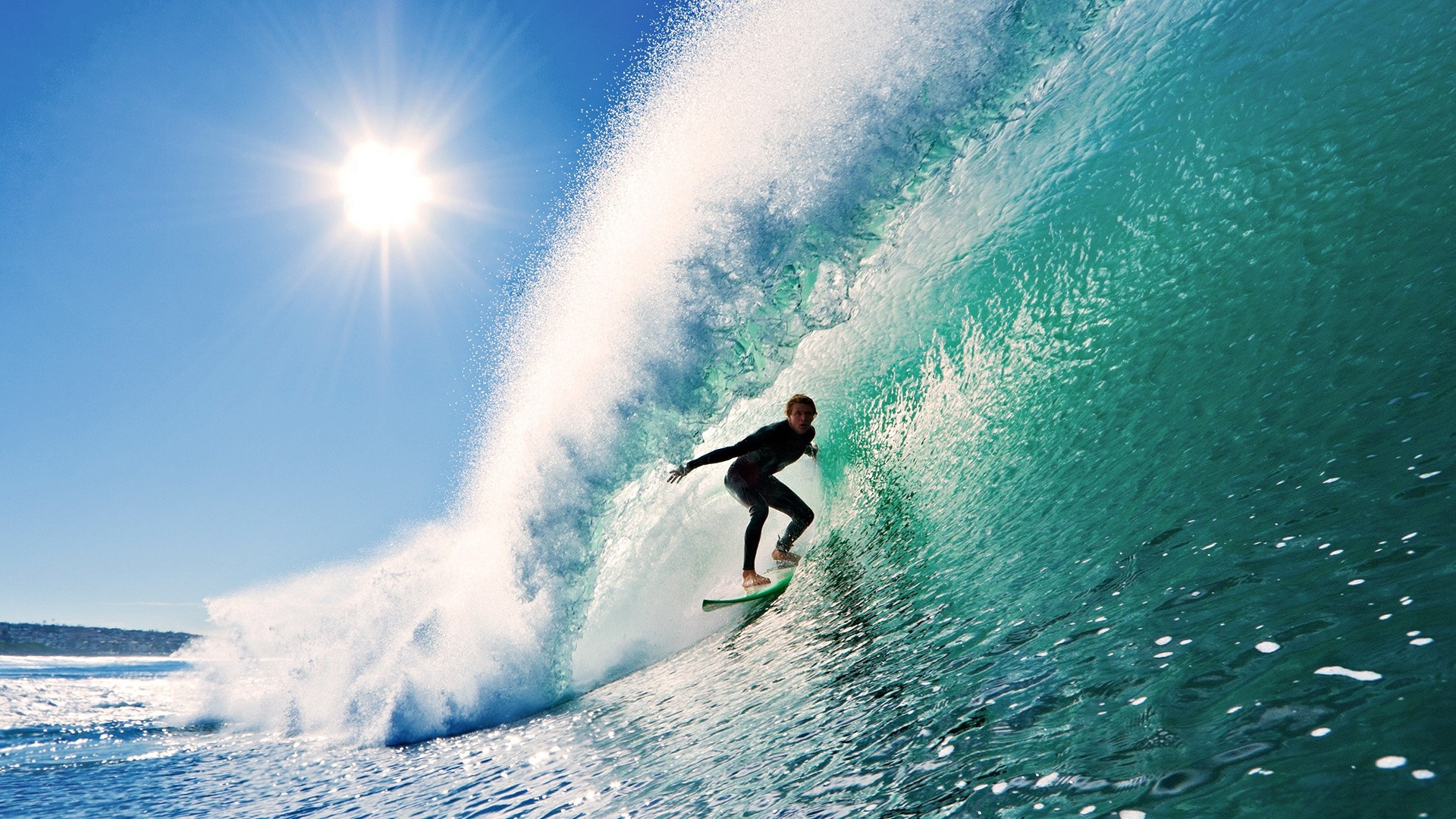 Preview wallpaper surfing, wave, sun, sky 1920×1080