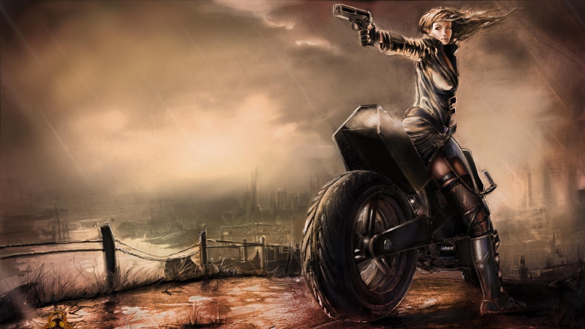 Wallpaper freedom fighters, girl, pistol, motorcycle, rain