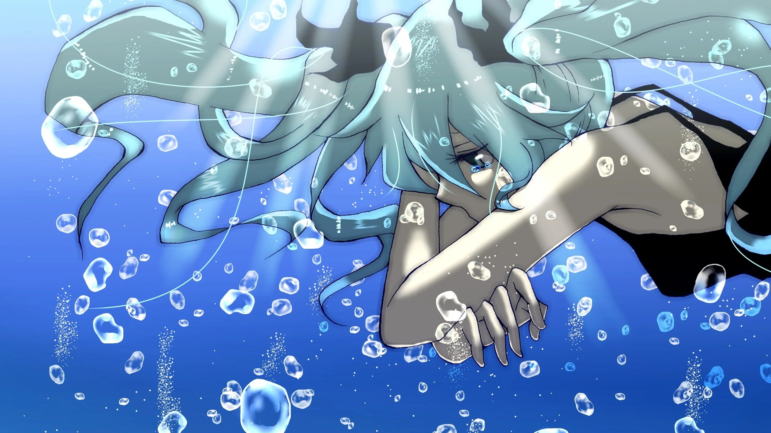 Wallpaper anime, girl, water, bubbles, sadness
