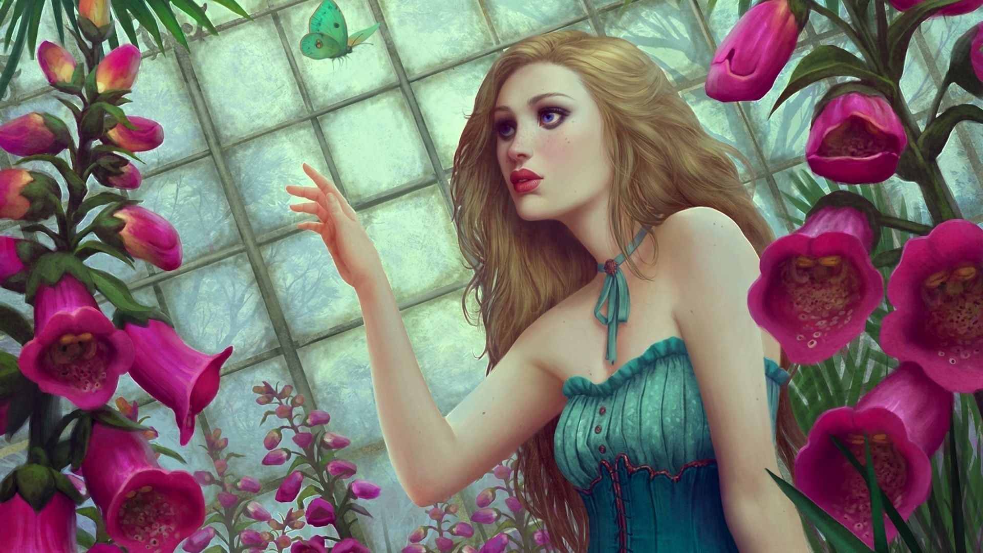 Download Fantasy Girl Butterfly Flowers Wallpaper