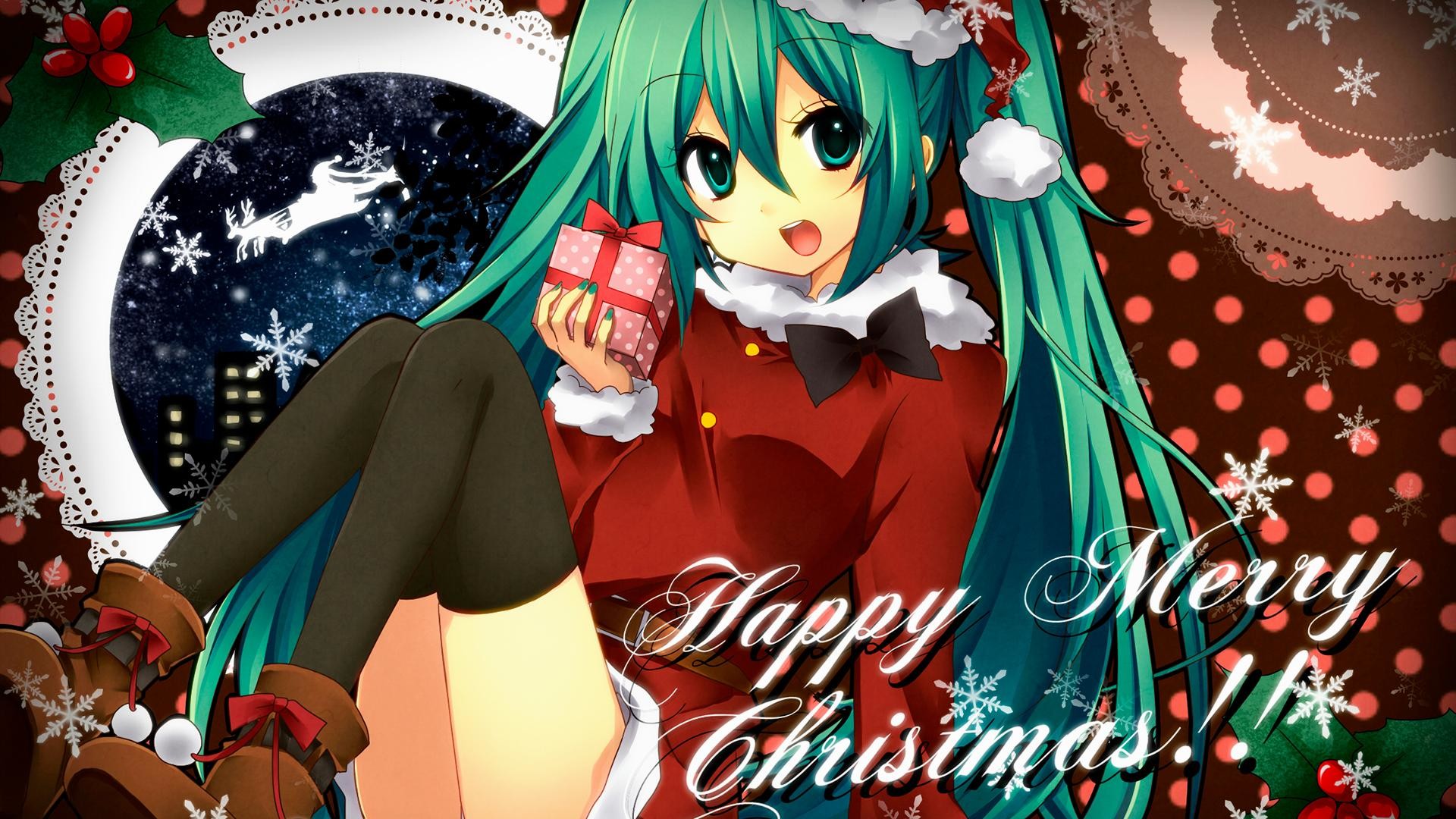 Anime girls anime christmas green hair gifts 1920×1080