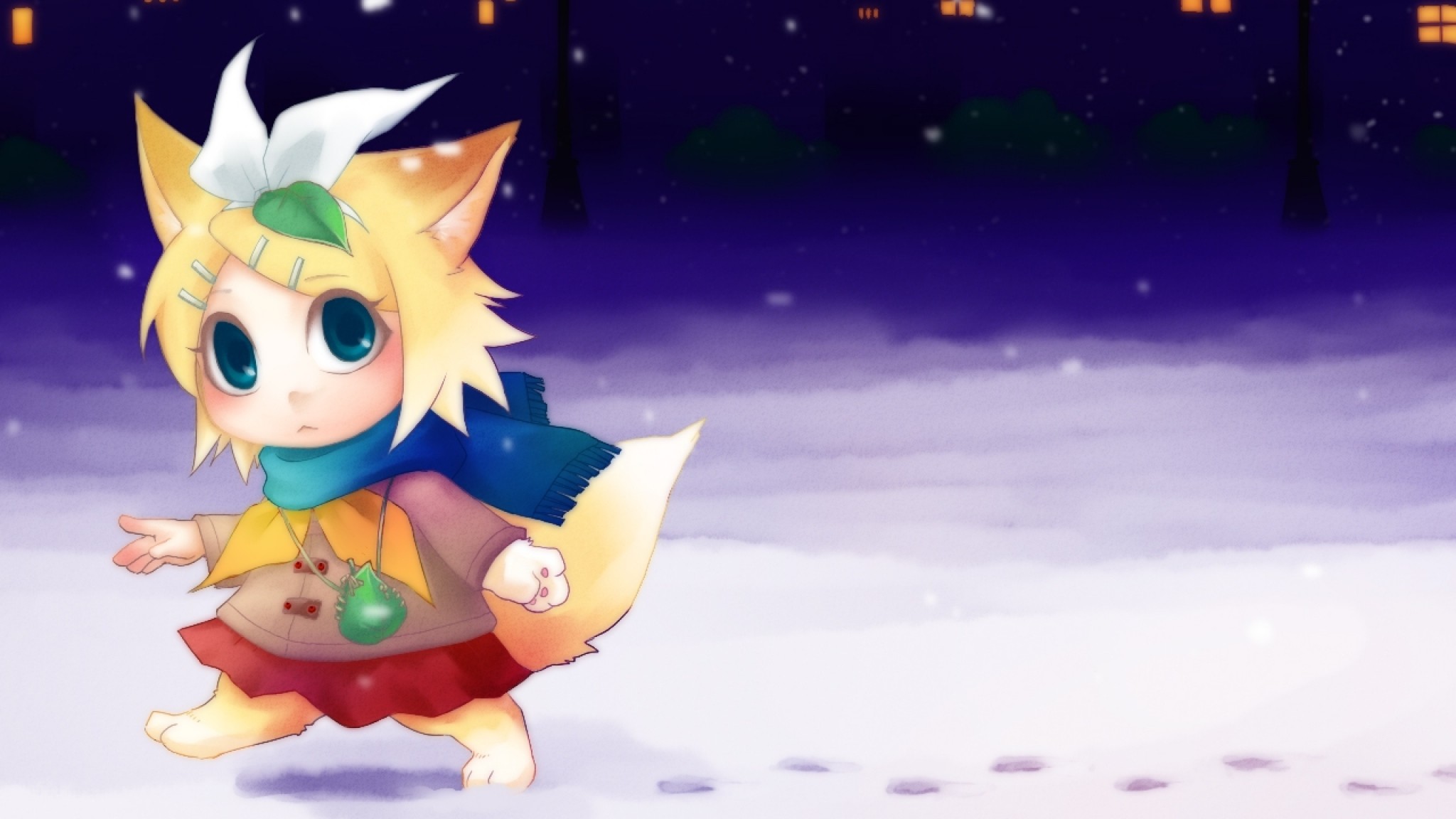 Preview wallpaper vocaloid, kagamine rin, chibi, anime, christmas, winter 2048×1152