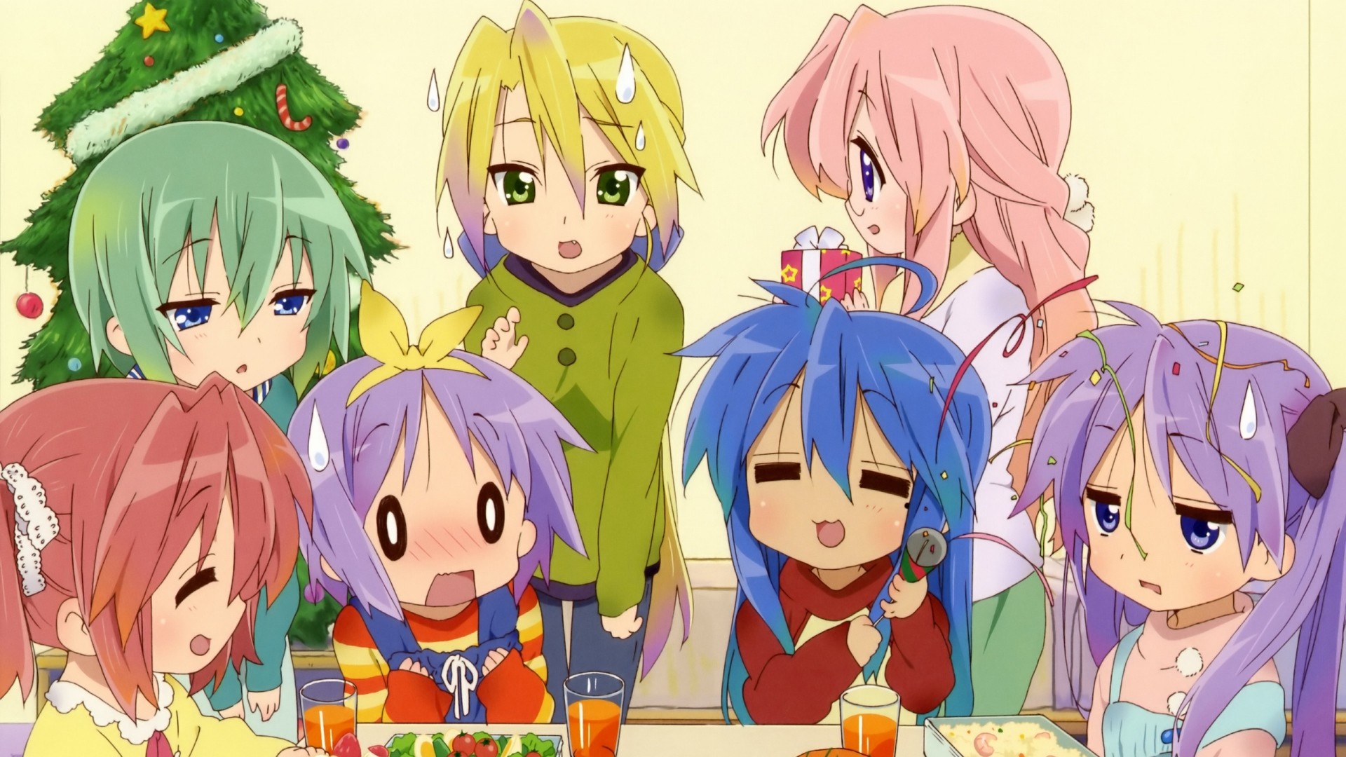 Wallpaper anime, lucky star christmas, girls, table, resentment, premises